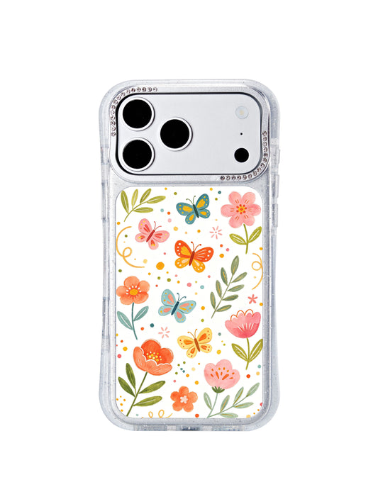 PhoneCasing fast domestic US shipping iphone 17 pro Max case with multi-butterfly confetti celebration layout, playful miniature confetti speckles and warm seasonal wildflower joyful garden elements.