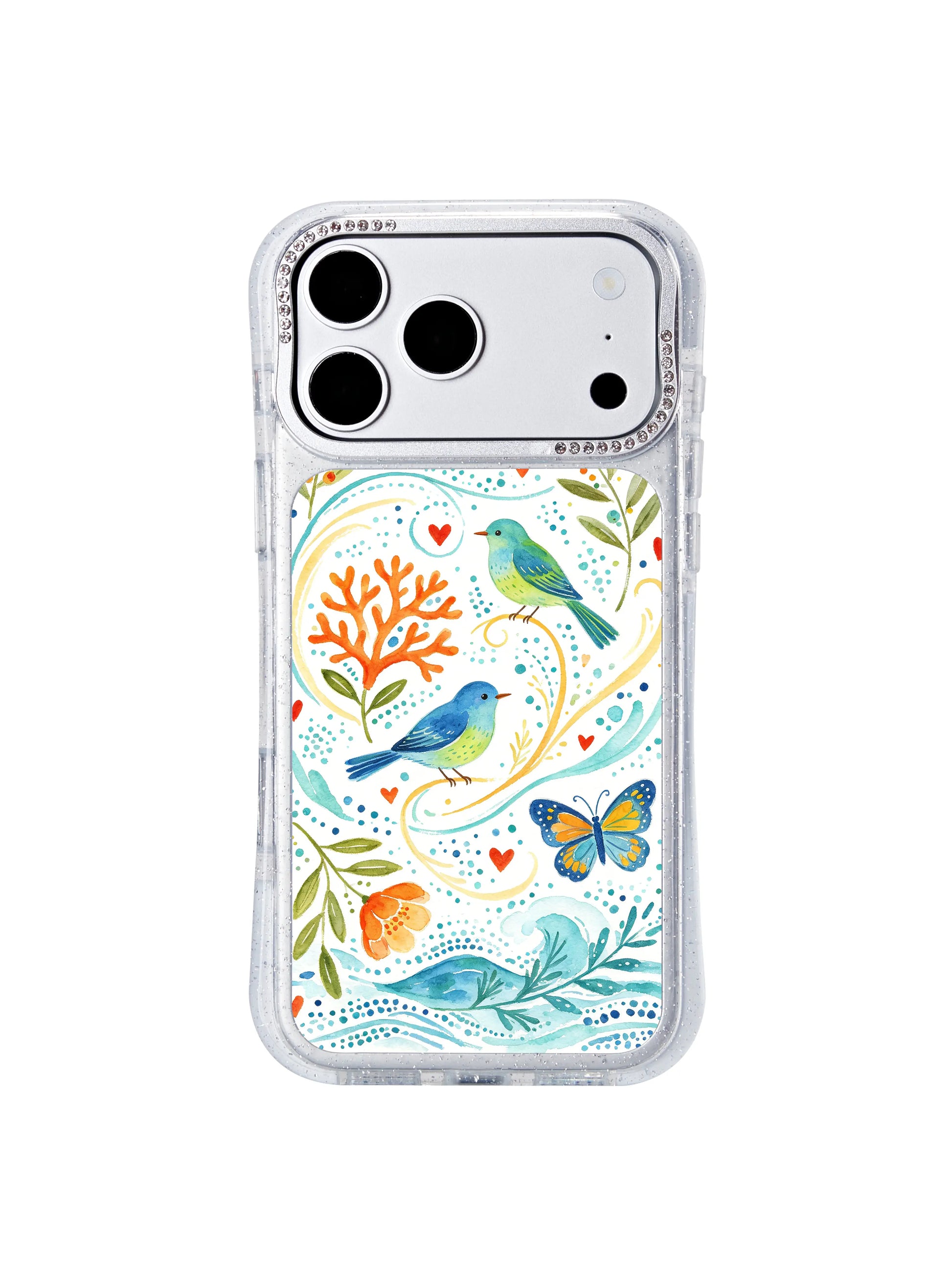 PhoneCasing fast domestic US shipping iphone 17 pro Max case with multi-butterfly coastal dot layout, playful miniature wave dots and warm seasonal wildflower coastal elements.