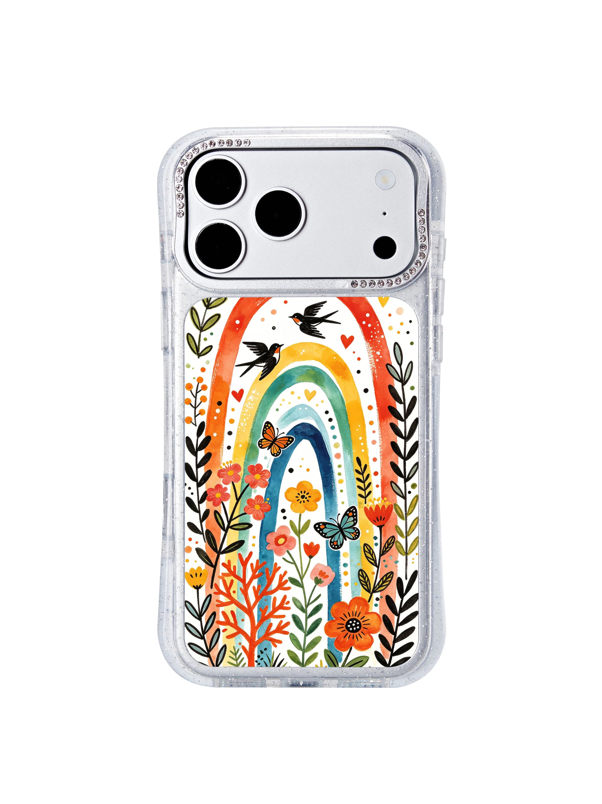 PhoneCasing fast domestic US shipping iphone 17 pro Max case featuring dual rainbow arch layout, varied butterfly species and dotted luminous trails matched with warm seasonal wildflower arrangements.