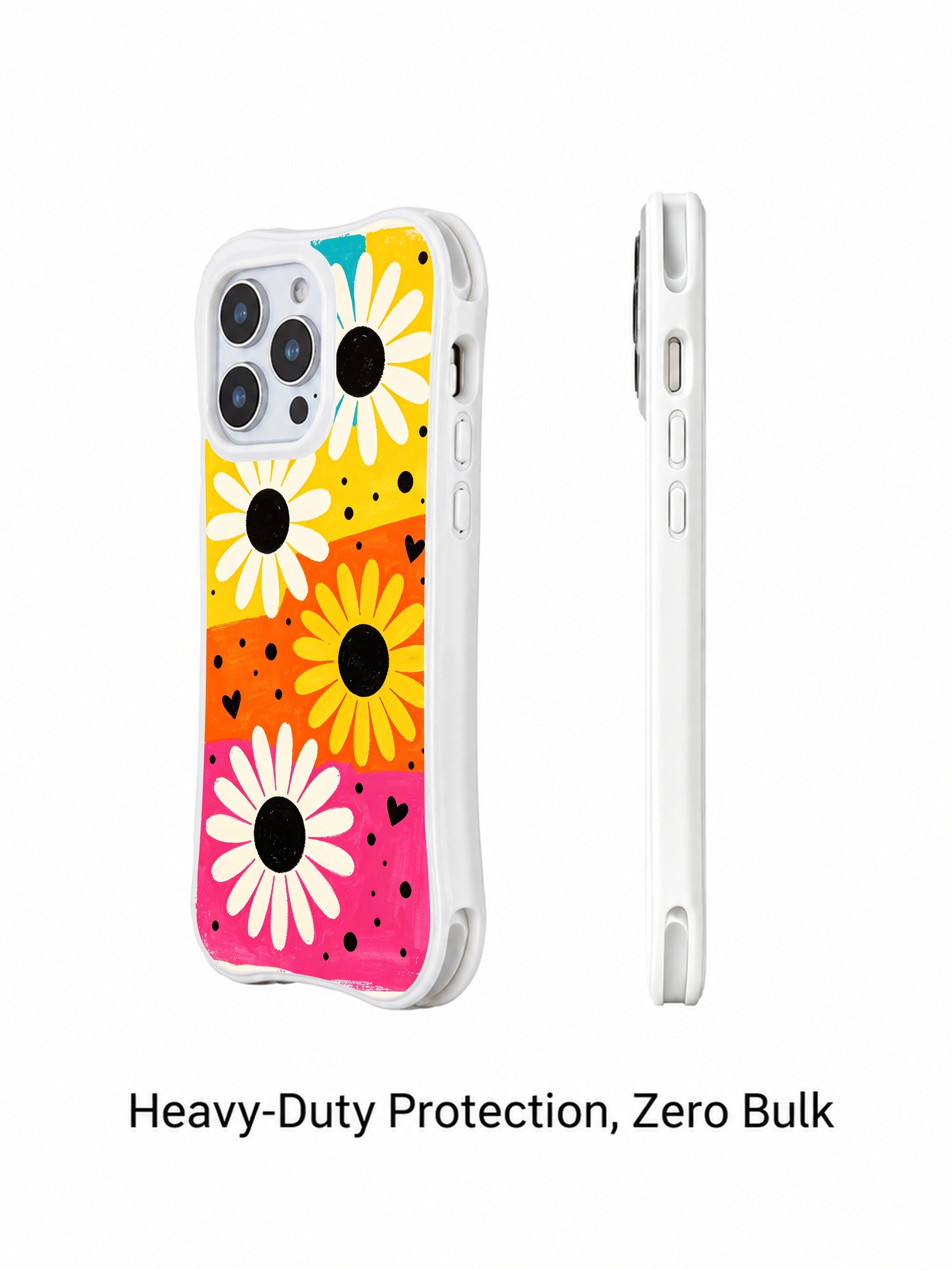 PhoneCasing iPhone 16 pro Case with vivid candy color block daisy and rock polka dot graphics, Ruby Daze upbeat street pop art, California-made wavy white phone cover.