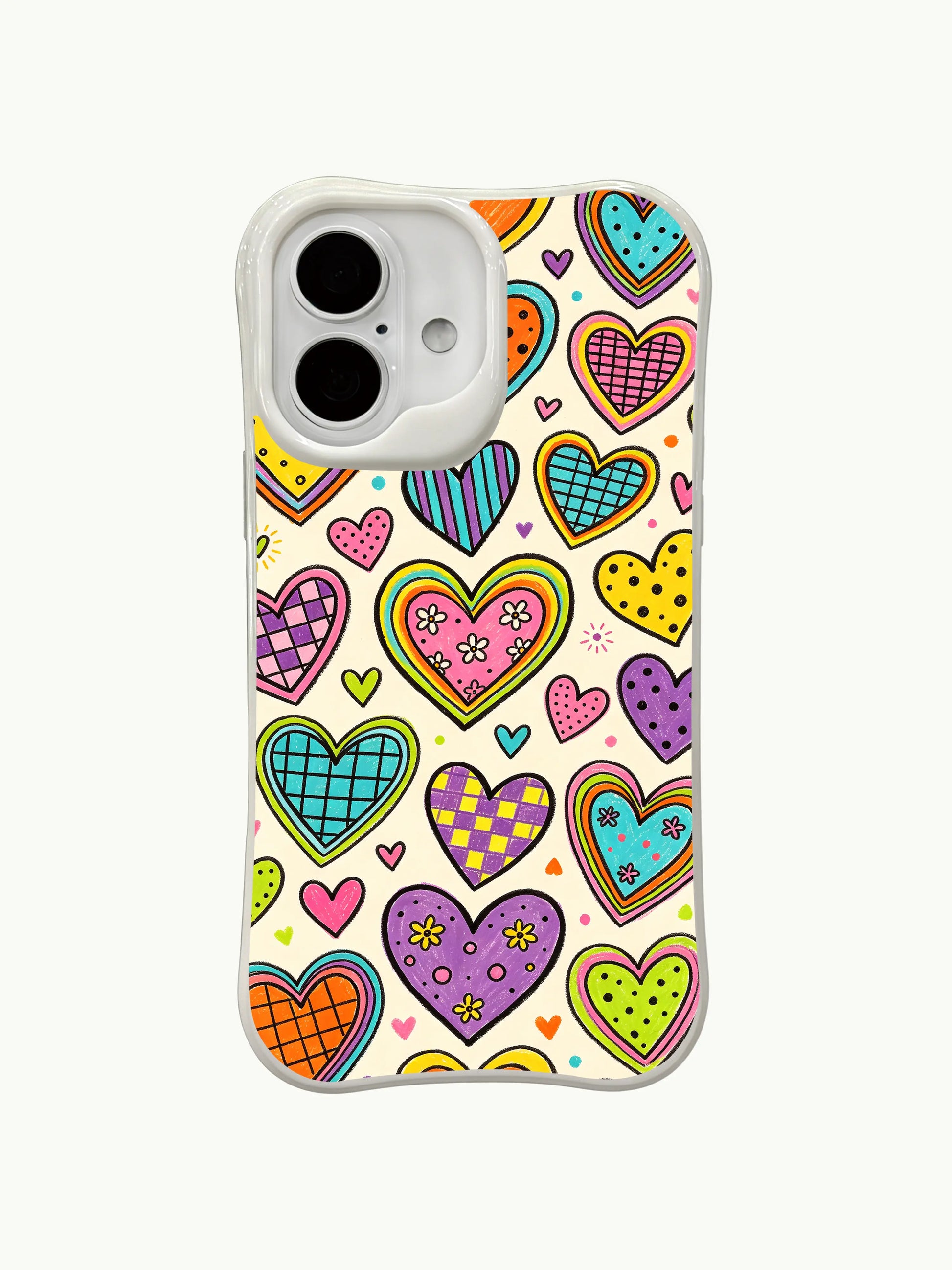 PhoneCasing festive heart doodle scene iPhone 16 plus case, dynamic artwork showing hearts dancing at a happy private party.