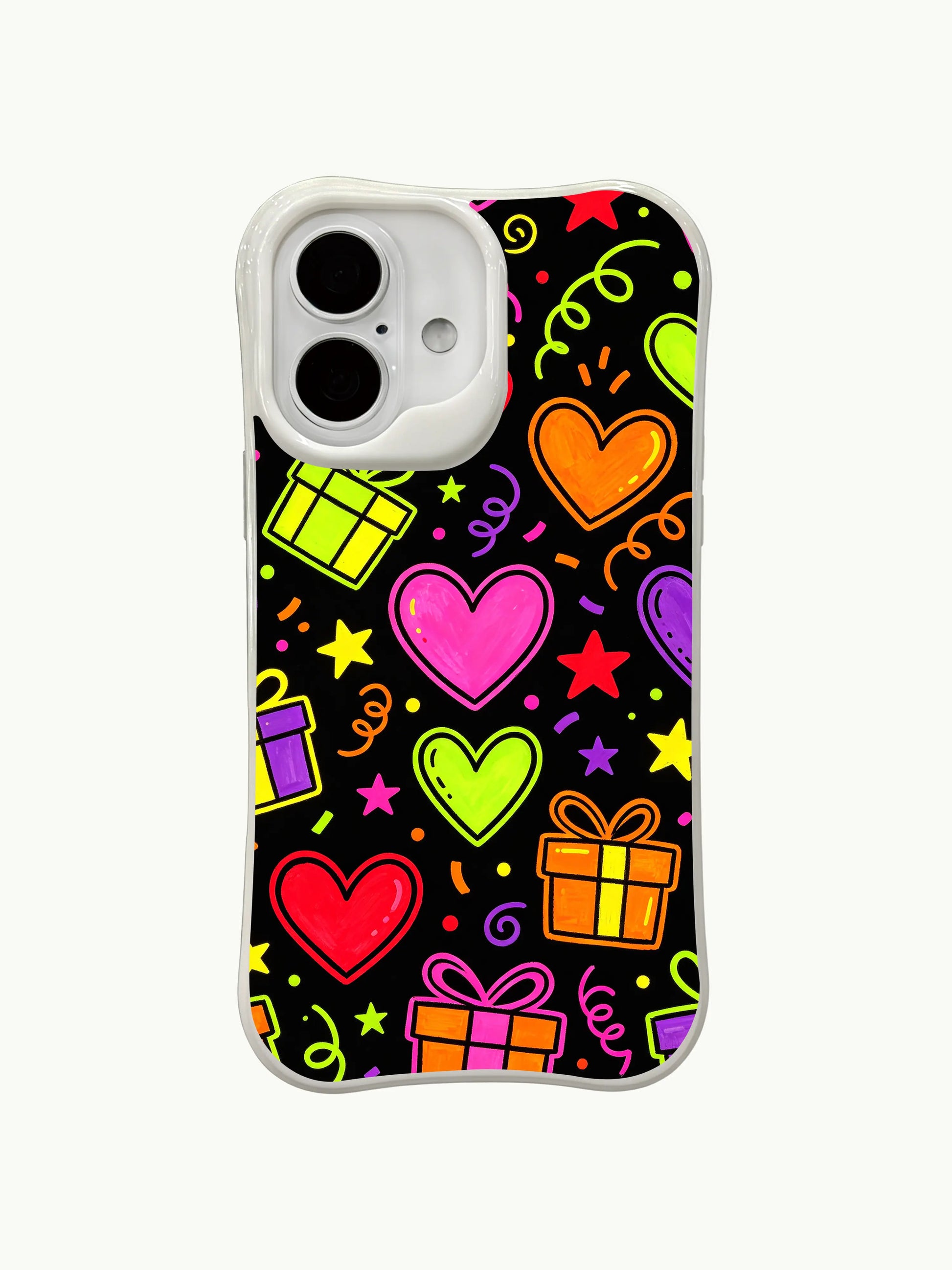 PhoneCasing festive neon candy iPhone 16 plus case, dynamic artwork showing hearts and gifts glowing like lights at a secret party.