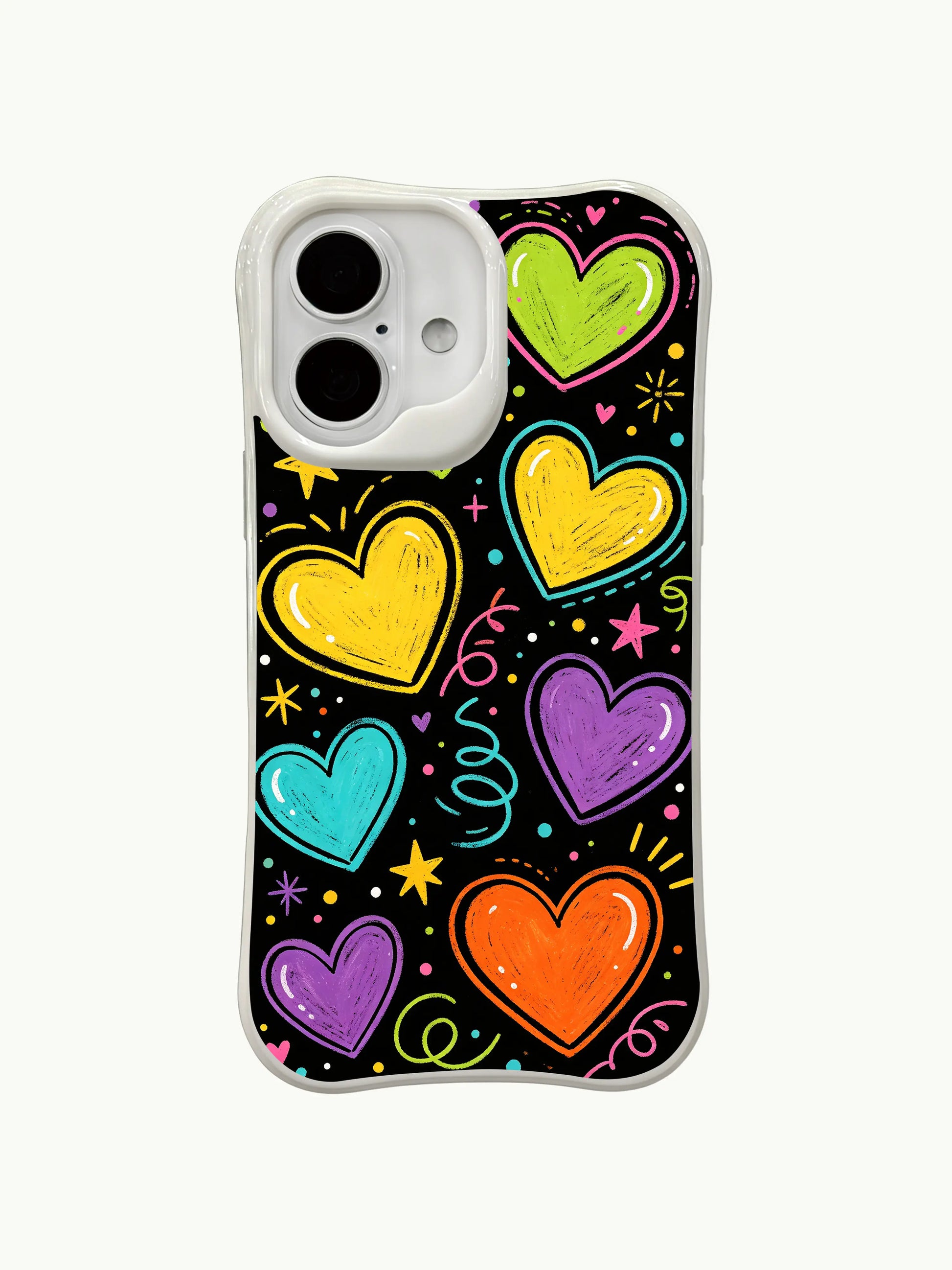 PhoneCasing festive neon heart pattern iPhone 16 plus case, designed by Mila Hartwell. This eye-catching iphone 16 plus casing features bright, bold hearts on a black background for a lively party aesthetic.