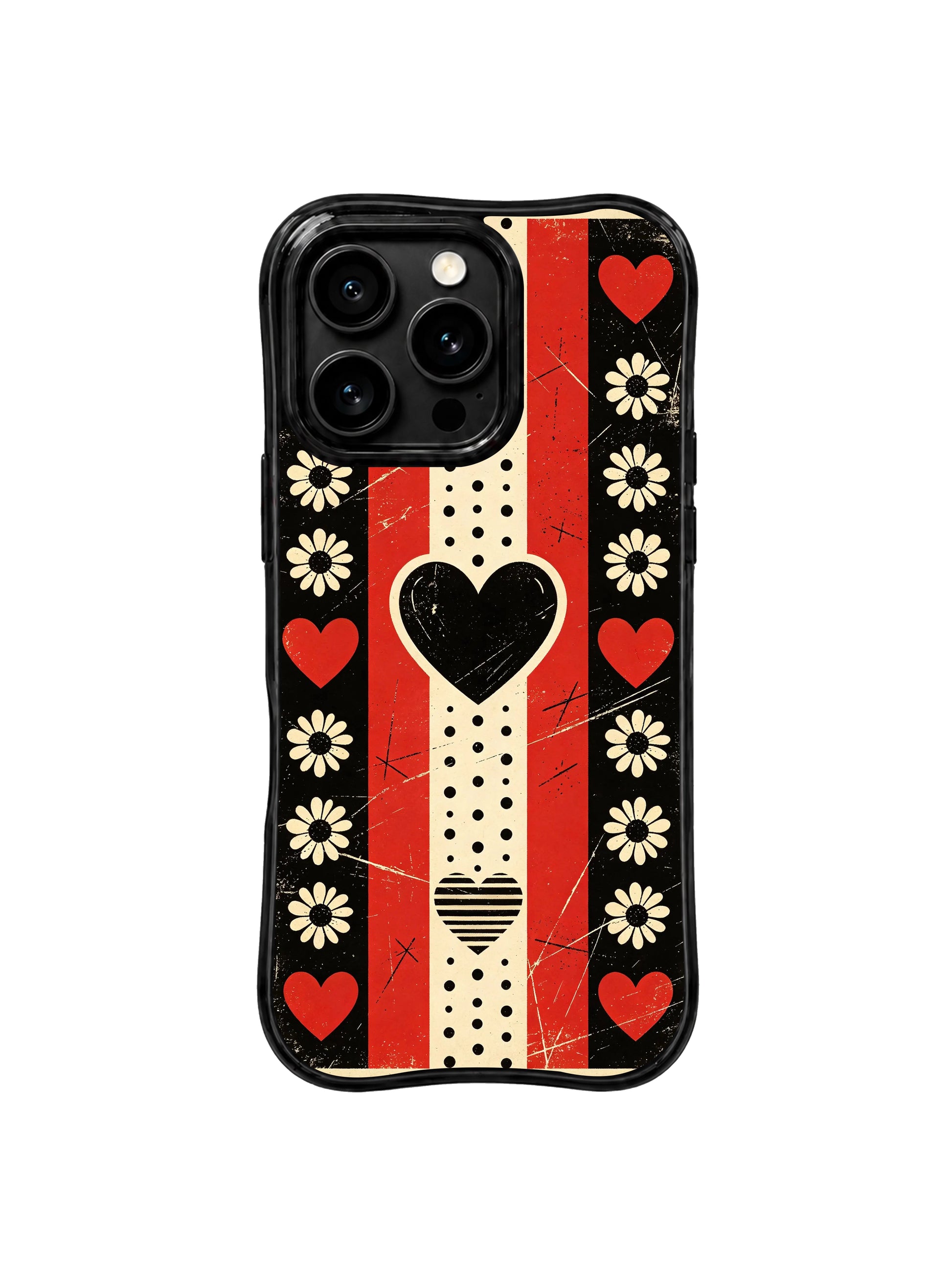 PhoneCasing iPhone 16 pro Case with bold rebellious tender vibe triple variant heart shapes and framed vintage cream daisies laid across worn scratch grain red-black checker stripe backdrop, Ruby Daze original underground punk pop art, premium print casing crafted in California.