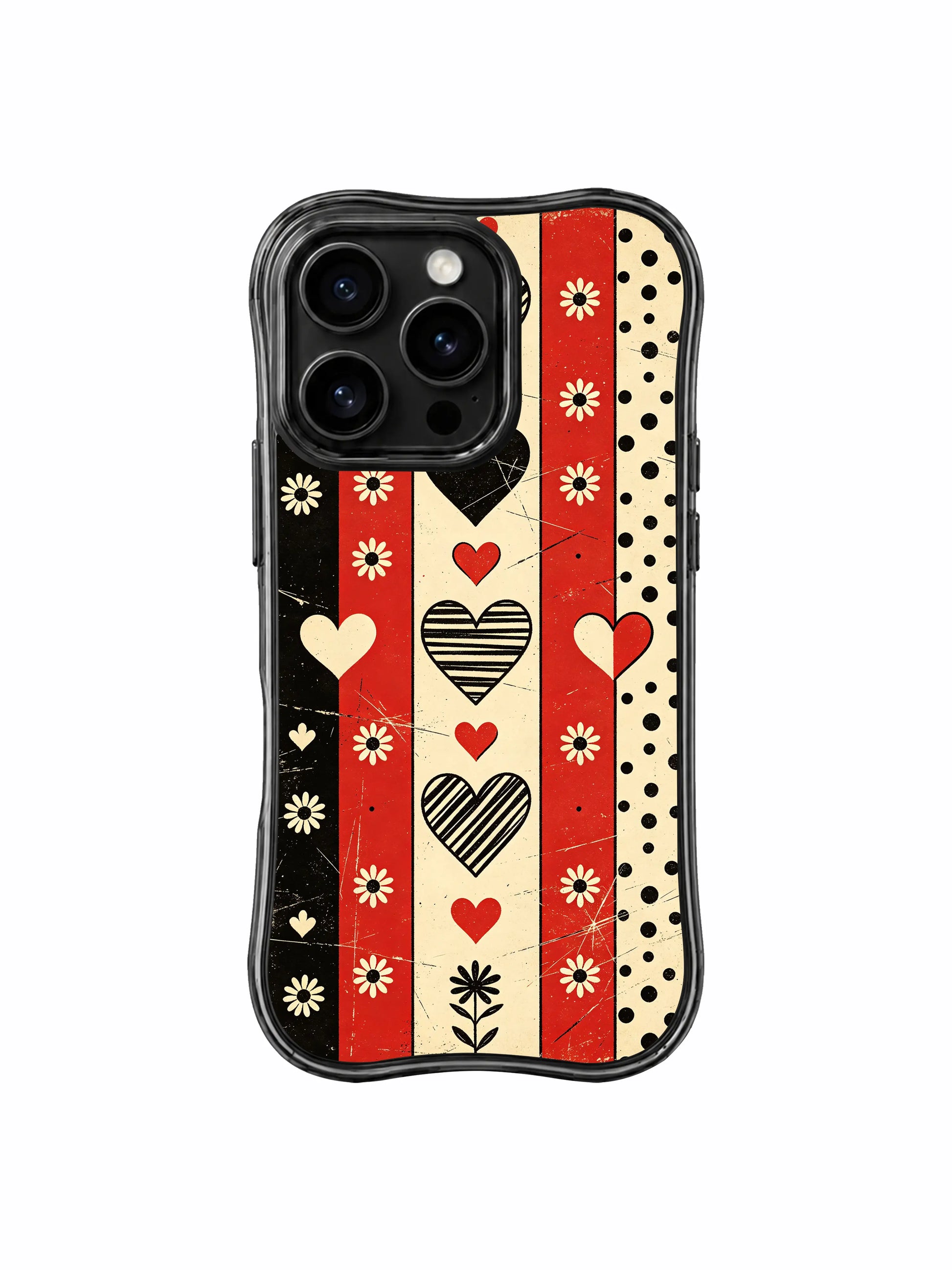 PhoneCasing iPhone 16 pro Case with bold rebellious tender vibe triple variant heart shapes and framed vintage cream daisies laid across worn scratch grain red-black checker stripe backdrop, Ruby Daze original underground punk pop art, premium print casing crafted in California.