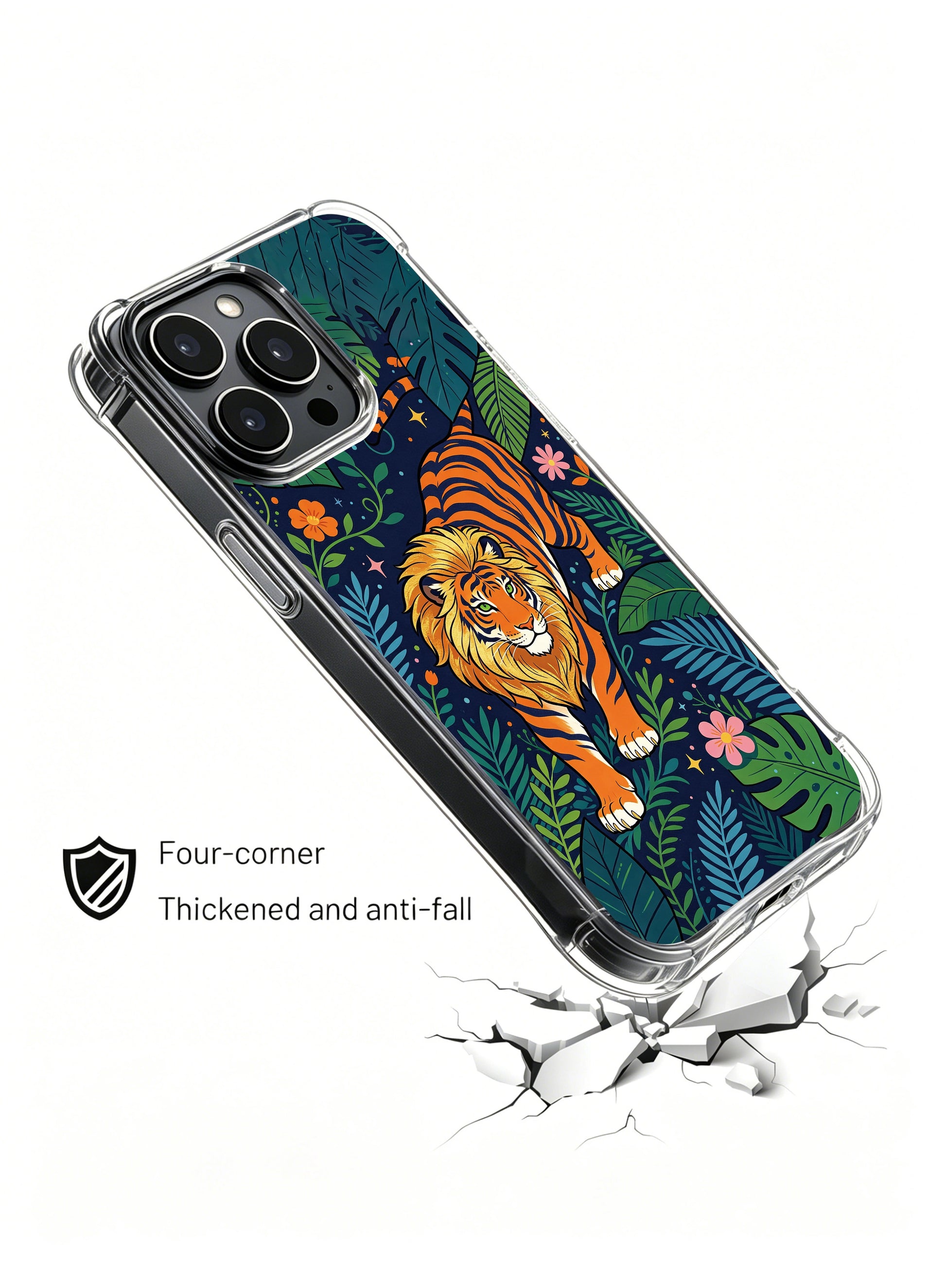 Fire-inspired PhoneCasing iPhone 13 pro Case, scratch-resistant clear phone casing with vivid orange tiger artwork layered in star-speckled dark jungle backdrop and varied vibrant flora, aesthetic tropical print iPhone 13 pro cover.
