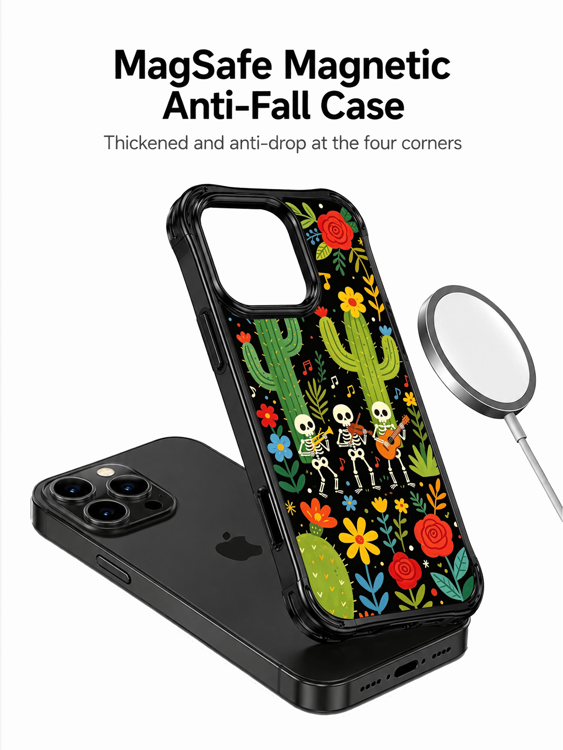 PhoneCasing iPhone 16 pro max Case with five cheerful skeletons playing guitars around a tall blooming cactus, surrounded by red roses, yellow daisies and tropical leaves, folk fantasy design on black base, scratch-resistant protective iPhone 16 pro max casing.