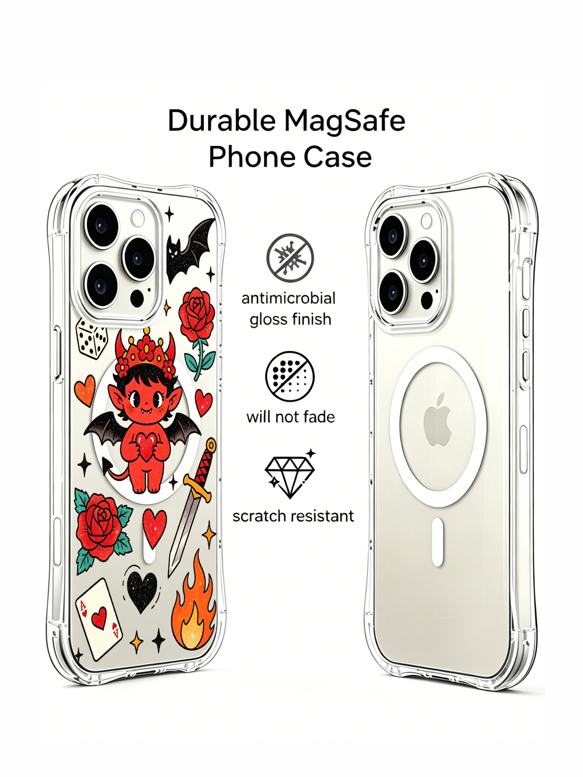 PhoneCasing iPhone 15 pro Case showcasing fiery flame and black bat surrounding sweet red devil, classic traditional tattoo protective casing ideal as unique luxury gift for art lovers.