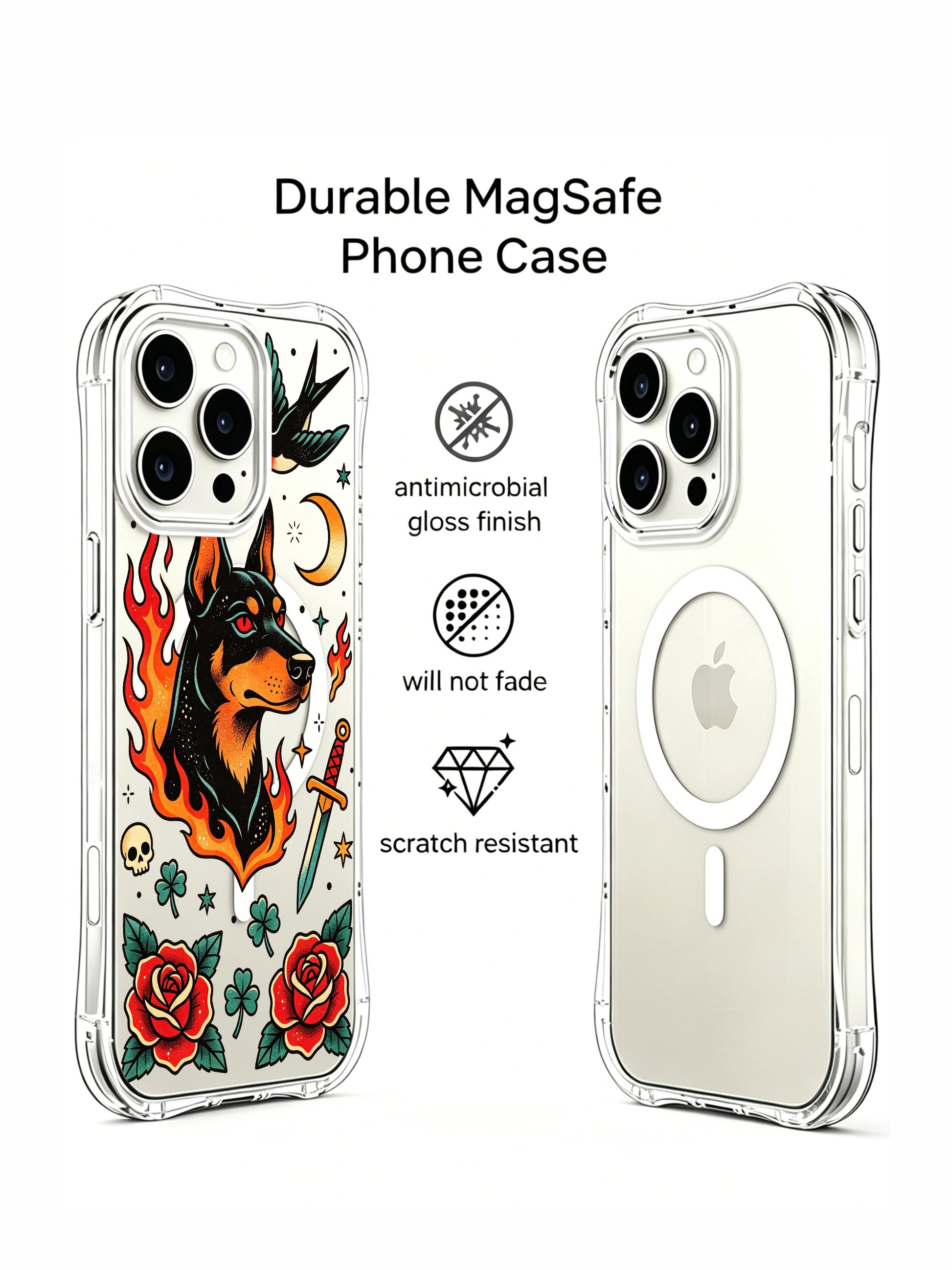 PhoneCasing iPhone 15 pro Case showcasing Ruby Blackthorn guardian doberman artwork, fire swallow skull vintage tattoo details, exclusive artist collab fine art protective casing.