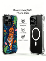 Fiery curved tiger tail star dotted midnight rainforest design iPhone 13 pro Case from PhoneCasing, scratch-resistant slim-fit iPhone 13 pro casing with mixed monstera leaves and wild blossoms, dreamy tropical illustrated phone cover.