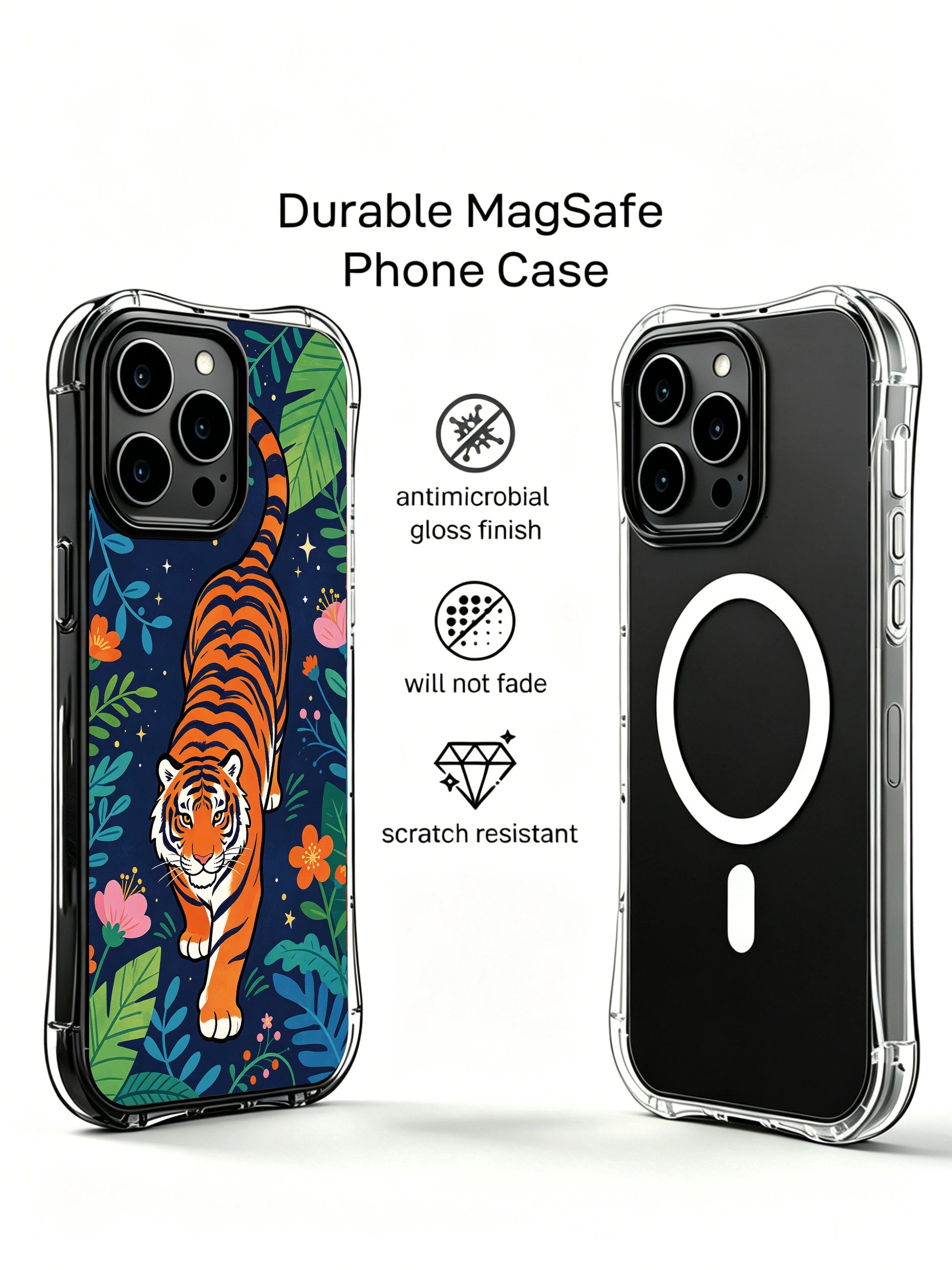 Fiery curved tiger tail star dotted midnight rainforest design iPhone 13 pro Case from PhoneCasing, scratch-resistant slim-fit iPhone 13 pro casing with mixed monstera leaves and wild blossoms, dreamy tropical illustrated phone cover.