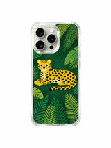 Leopard & Palm: An elongated reclining cat stretches across the middle of dense palm-like greenery.