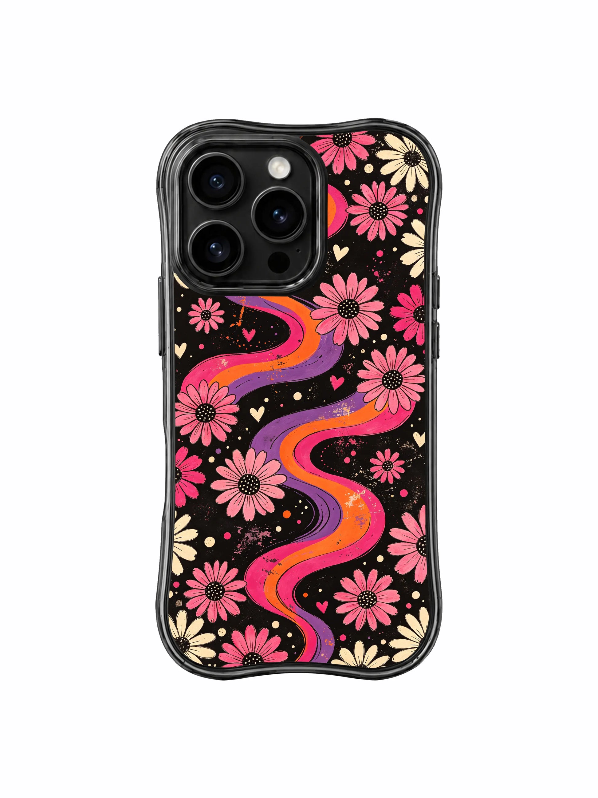 PhoneCasing iPhone 16 pro Case with soft floating daisy rough organic hand-sketched outlines lifted on dark black field, Ruby Daze original retro psychedelic art, premium wavy print casing crafted in California.