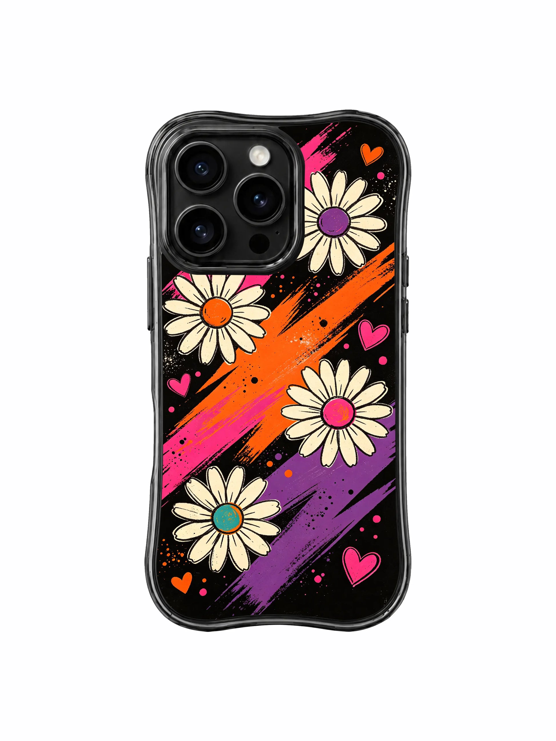 PhoneCasing iPhone 16 pro Case with delicate floating daisy gentle organic hand-sketched outlines drifting on dark black night field, Ruby Daze original dreamy psychedelic art, premium wavy print casing crafted in California.