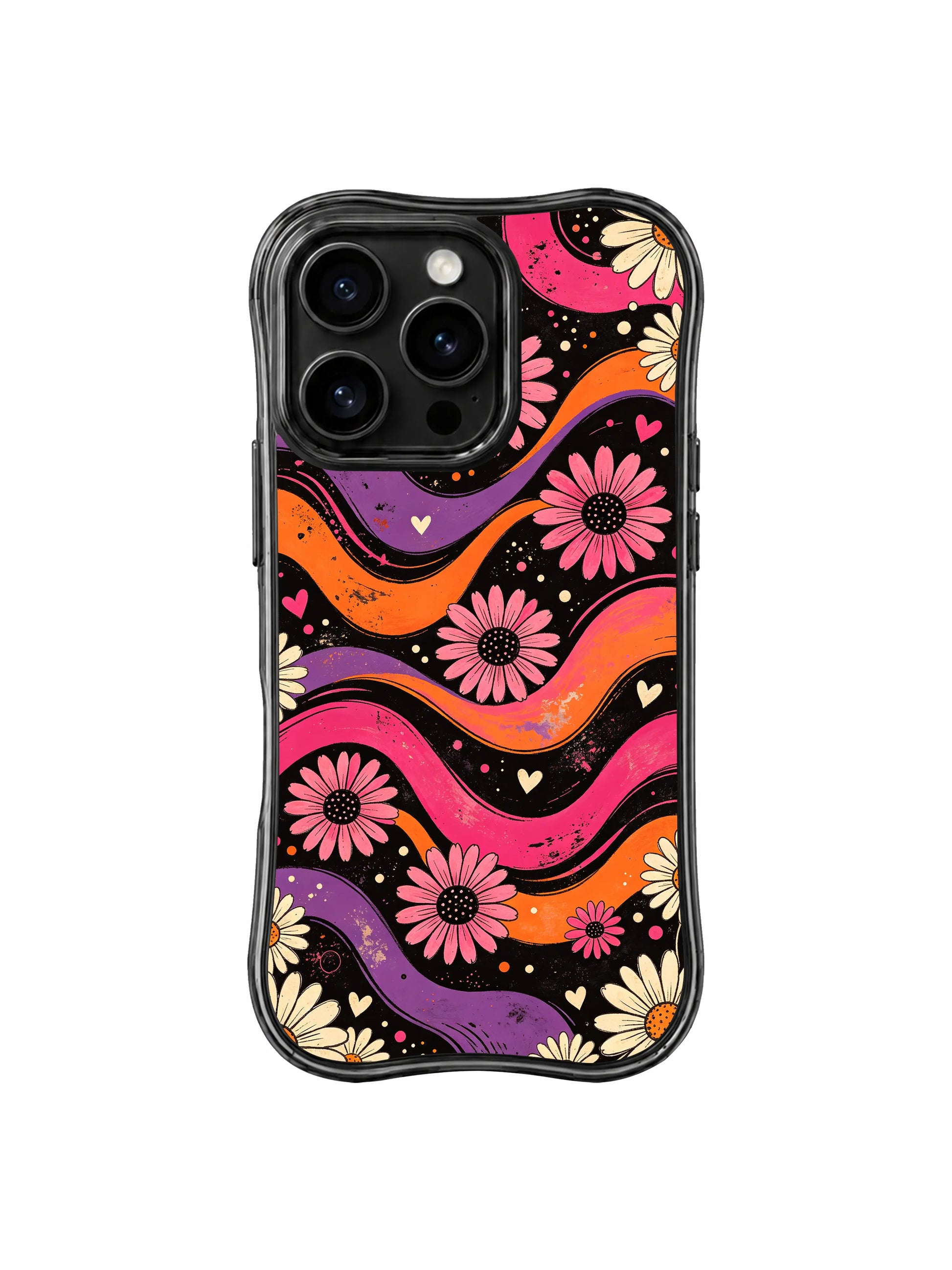 PhoneCasing iPhone 16 pro Case with soft floating daisy rough organic hand-sketched outlines lifted on dark black field, Ruby Daze original retro psychedelic art, premium wavy print casing crafted in California.