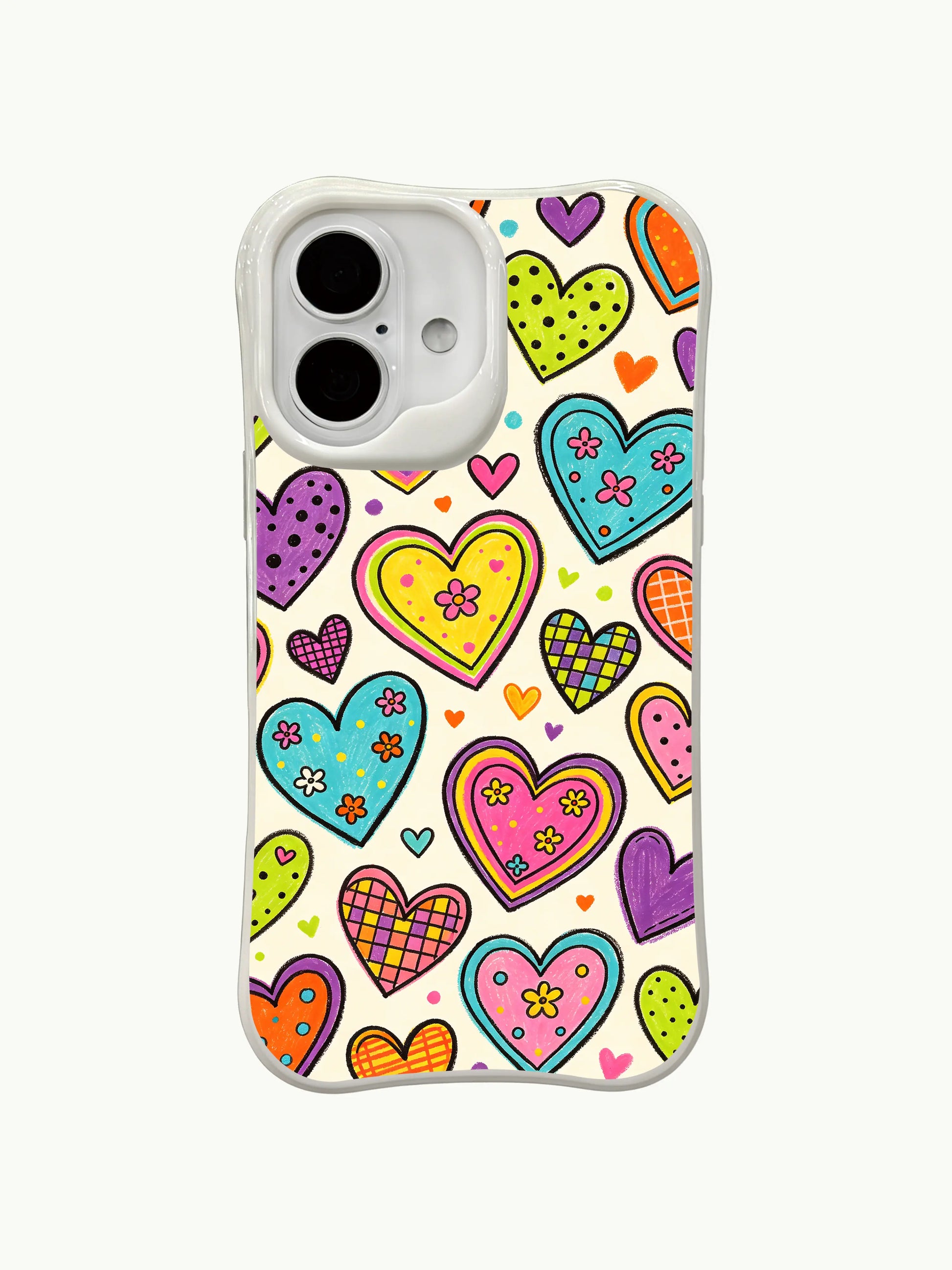PhoneCasing floral accent hearts iPhone 16 plus case, unique design combining tiny blooms and rainbow colored heart shapes