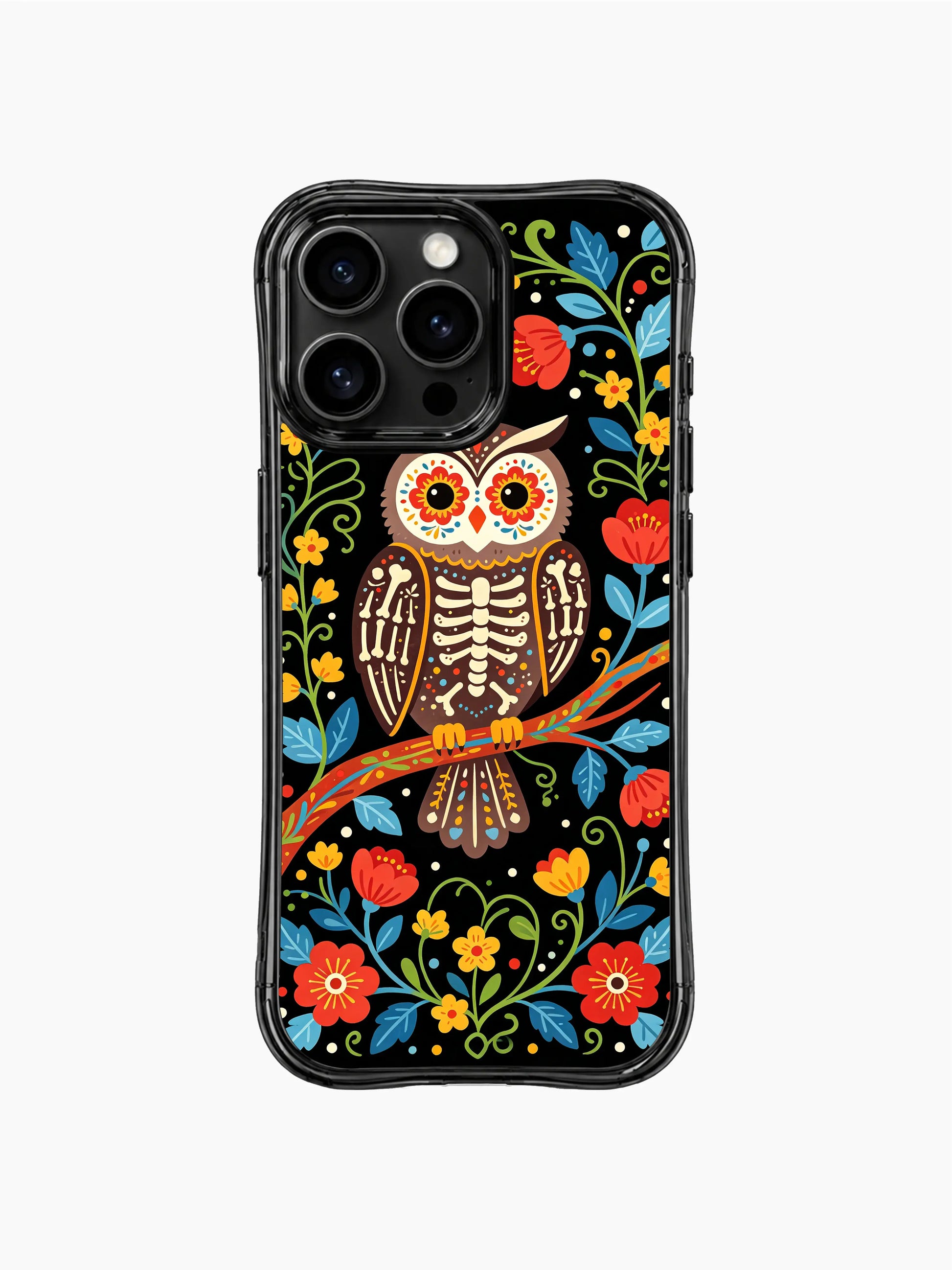 PhoneCasing iPhone 16 pro max Case featuring a full-view skeleton owl facing forward, perched on a branch surrounded by vibrant folk flowers and leaves, whimsical Day of the Dead design on iPhone 16 pro max casing.