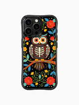 PhoneCasing iPhone 16 pro max Case featuring a skeleton owl with its wings spread wide, adorned with colorful folk patterns, perched on a branch surrounded by flowers, creating a dynamic folk art design for iPhone 16 pro max casing.