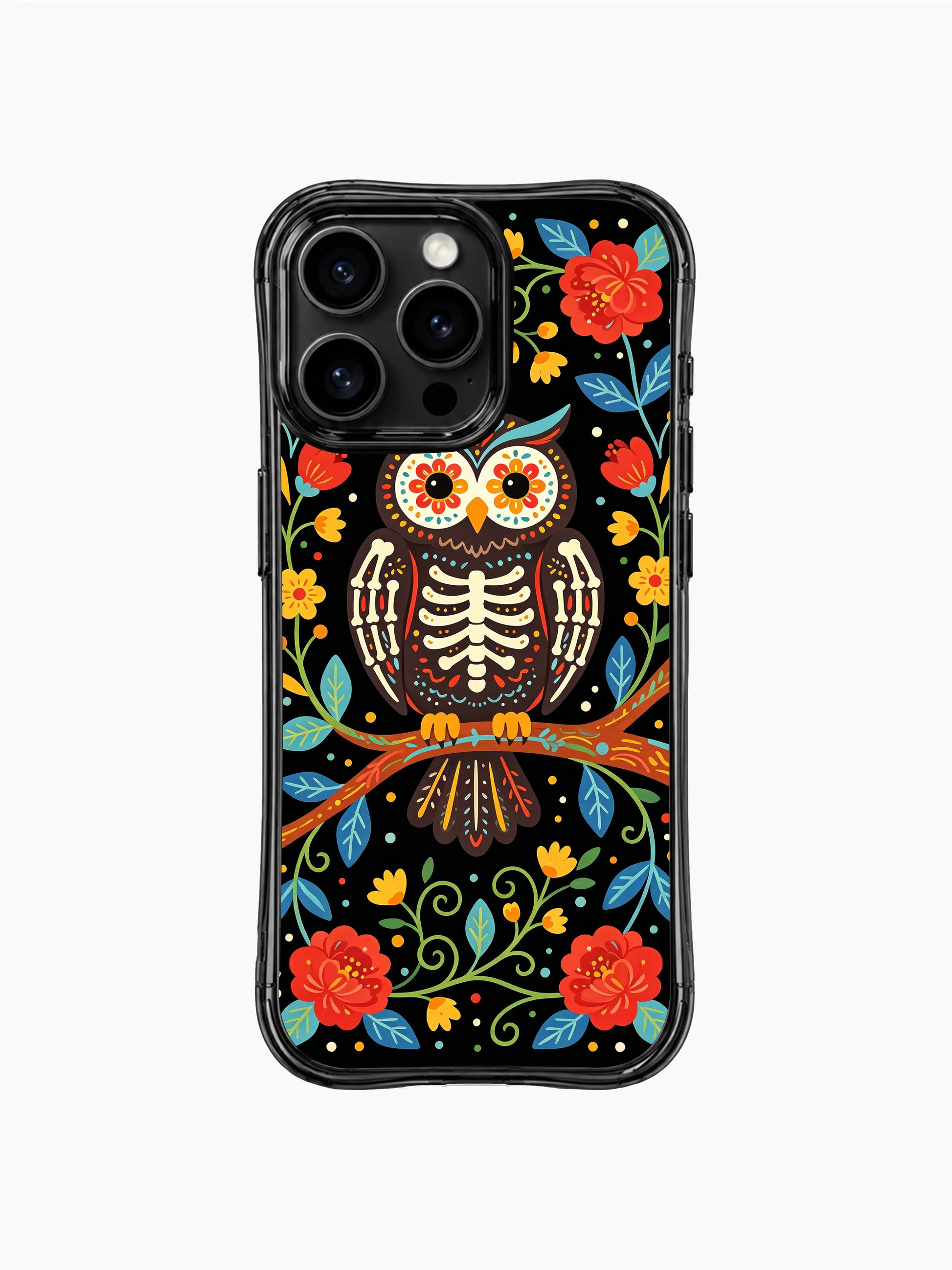 PhoneCasing iPhone 16 pro max Case featuring a skeleton owl with its wings spread wide, adorned with colorful folk patterns, perched on a branch surrounded by flowers, creating a dynamic folk art design for iPhone 16 pro max casing.