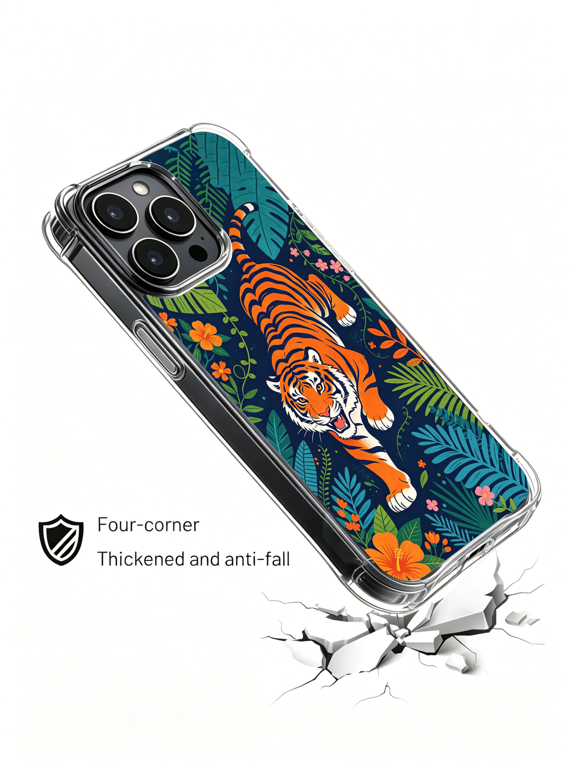 PhoneCasing exclusive artist collaboration iPhone 13 pro Case, framed tropical flower border orange tiger artwork cover, collectible jungle themed premium device casing