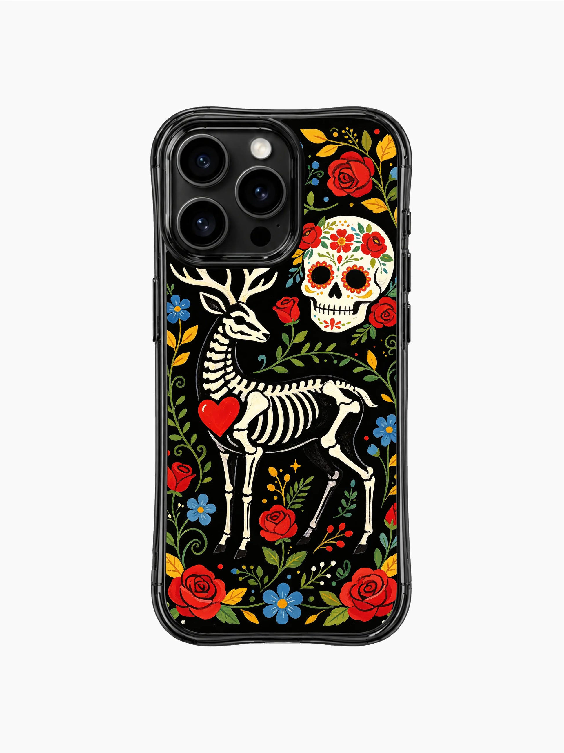 PhoneCasing iPhone 16 pro max Case with a skeleton deer framed by a border of red roses, yellow flowers and blue leaves, creating a symmetrical folk art design on iPhone 16 pro max casing.