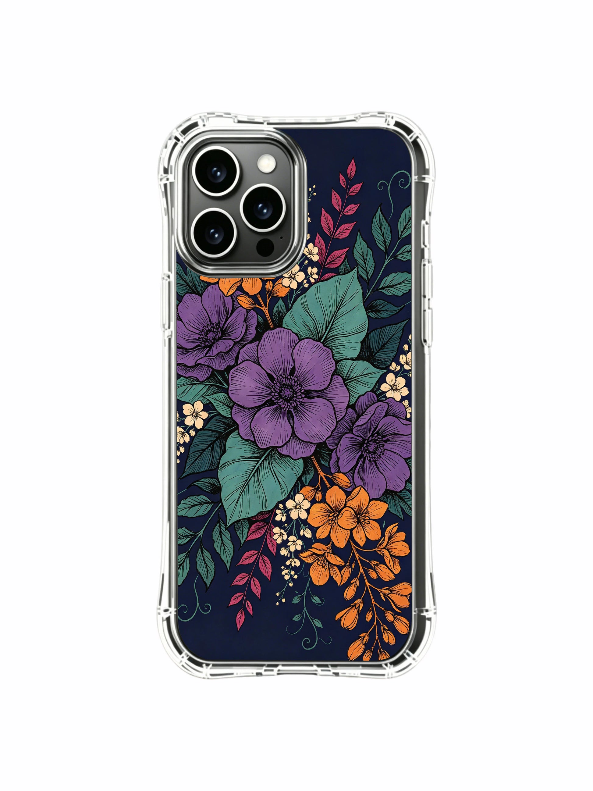 PhoneCasing iPhone 16 Pro Max Case with Floral Elegance Nocturne art. Rich blooms and teal leaves, durable protective case.