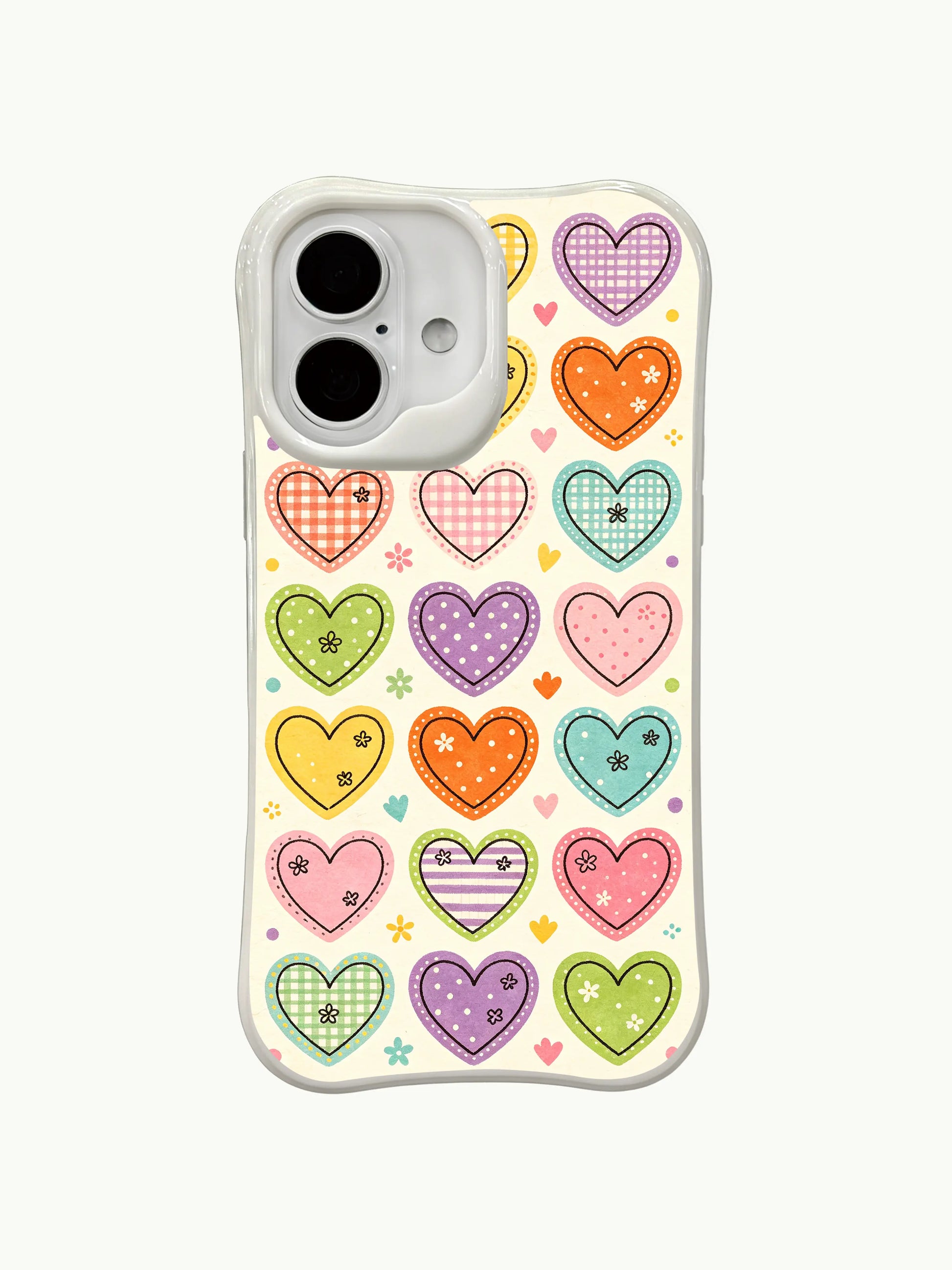 PhoneCasing Floral Heart Doodles Case for iPhone 16 Plus, a cute iPhone 16 plus casing with colorful heart stickers and tiny flower accents.