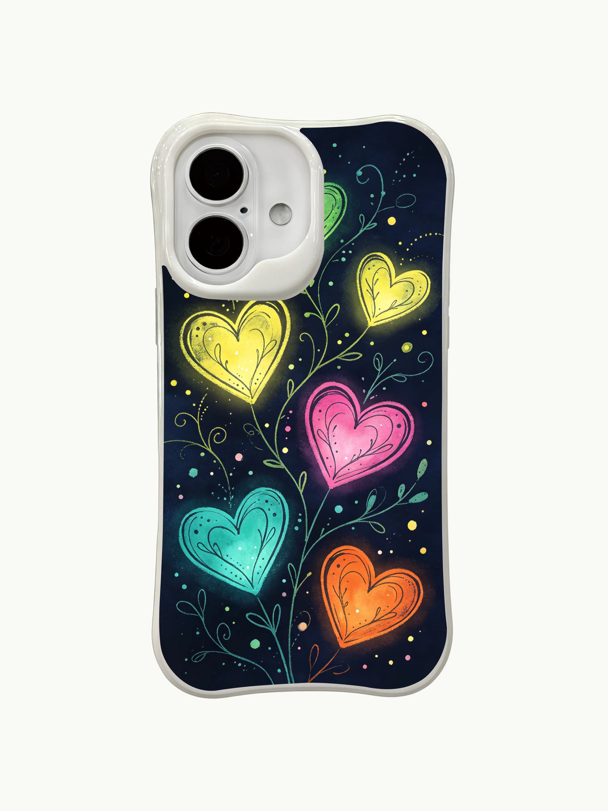 PhoneCasing Floral Neon Hearts Case for iPhone 16 Plus, a whimsical iPhone 16 plus casing with heart vines and dark background.