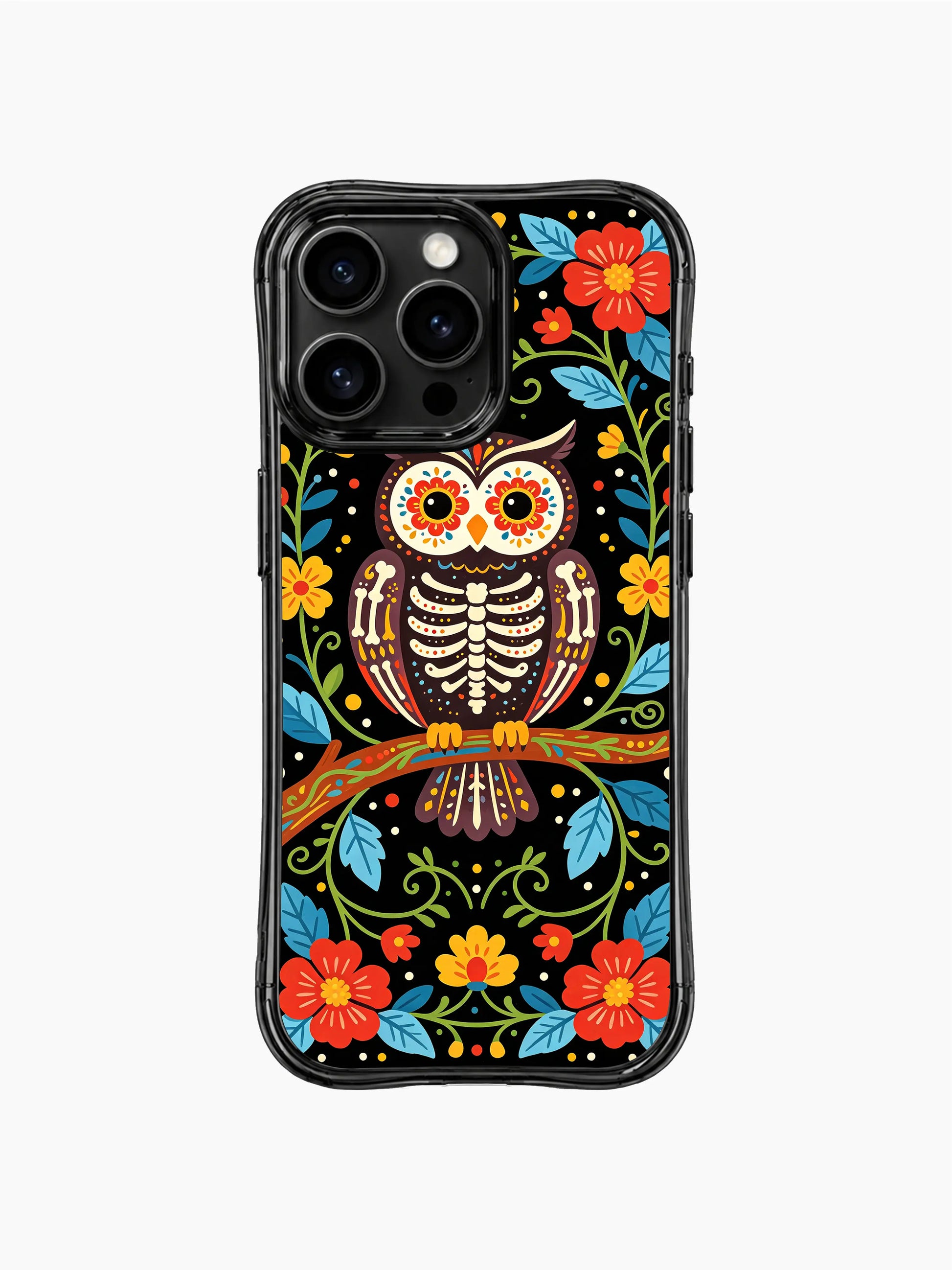PhoneCasing iPhone 16 pro max Case with a skeleton owl representing wisdom and dreams, perched on a floral branch surrounded by folk flowers and leaves, Day of the Dead inspired print on black iPhone 16 pro max casing.