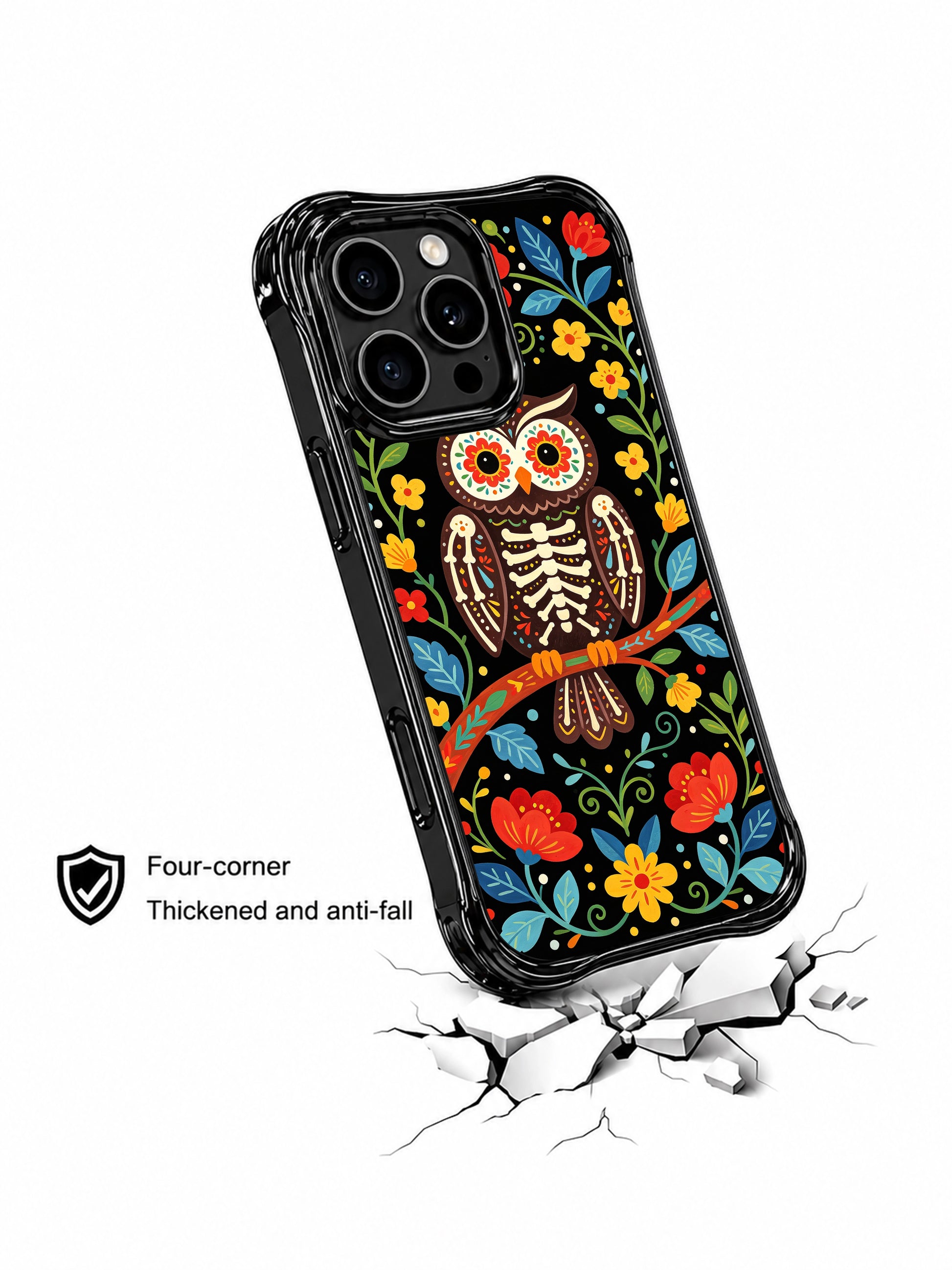 PhoneCasing iPhone 16 pro max Case with a skeleton owl perched on a red floral branch, surrounded by colorful folk flowers, blue leaves and heart accents, representing knowledge and dreams, folk art pattern on black iPhone 16 pro max casing.