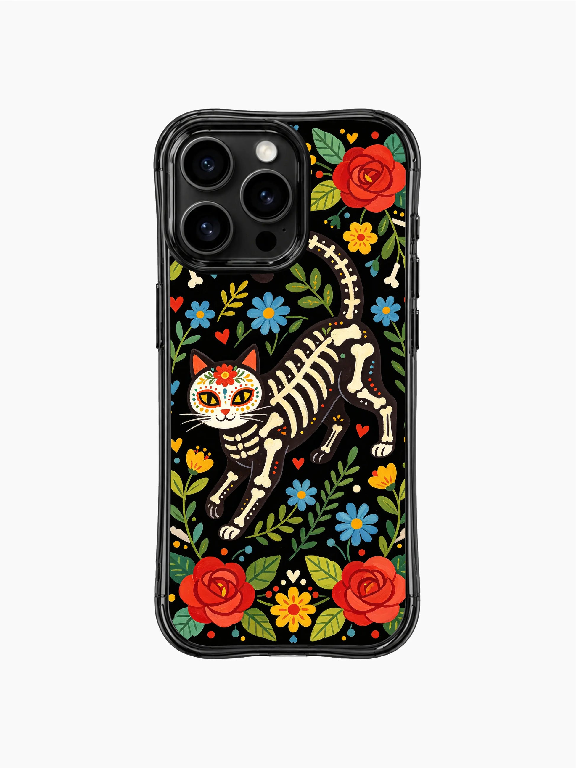 PhoneCasing iPhone 16 pro max Case with a playful floral skeleton cat surrounded by bright blue and yellow daisies, hand-drawn folk art with bone and flower details, vivid print on black iPhone 16 pro max casing.