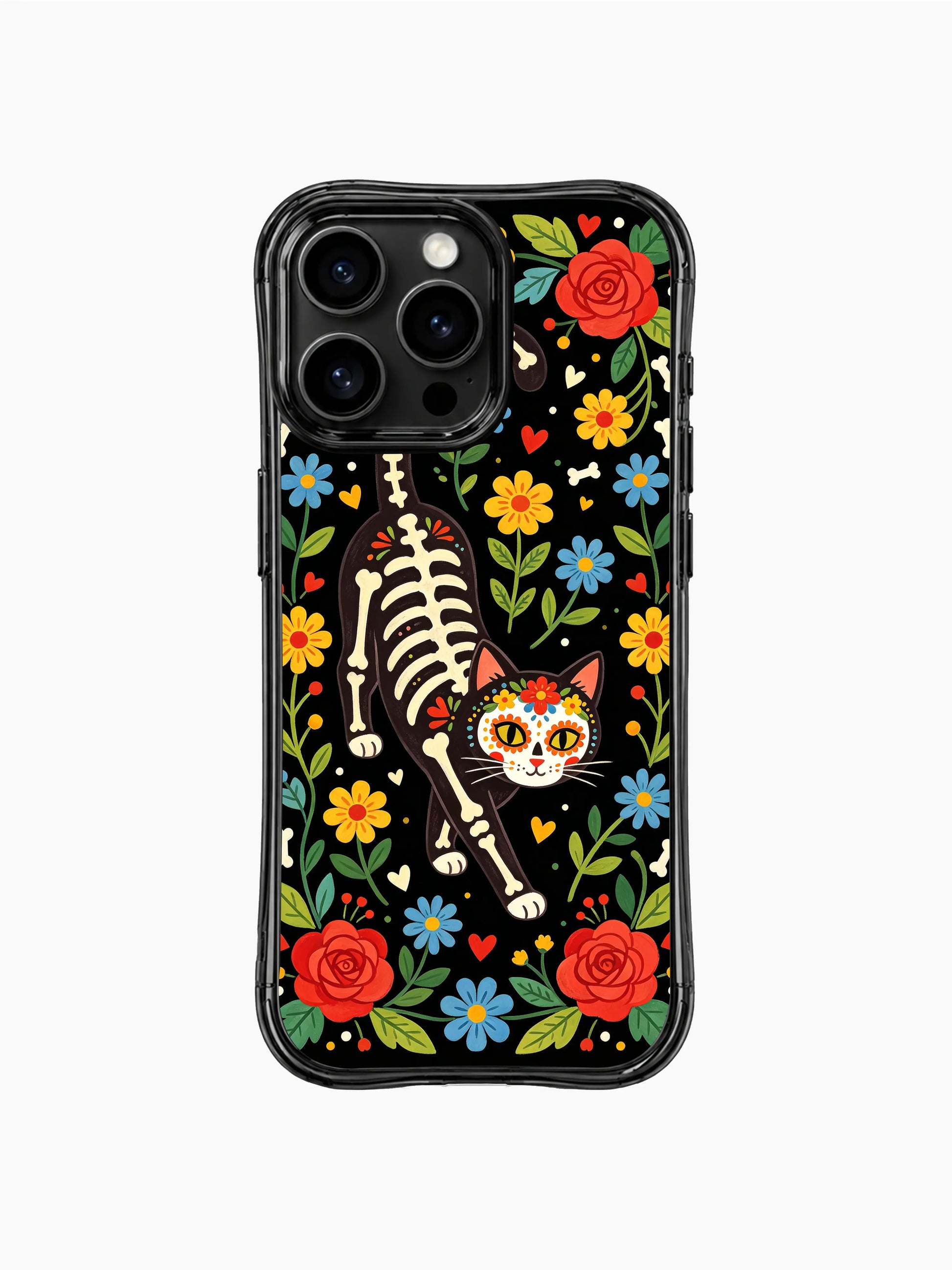 PhoneCasing iPhone 16 pro max Case featuring a floral skeleton cat with side-profile bone details and folk flower accents, midnight garden print by Estrella Nocturna, long-lasting vivid iPhone 16 pro max casing.