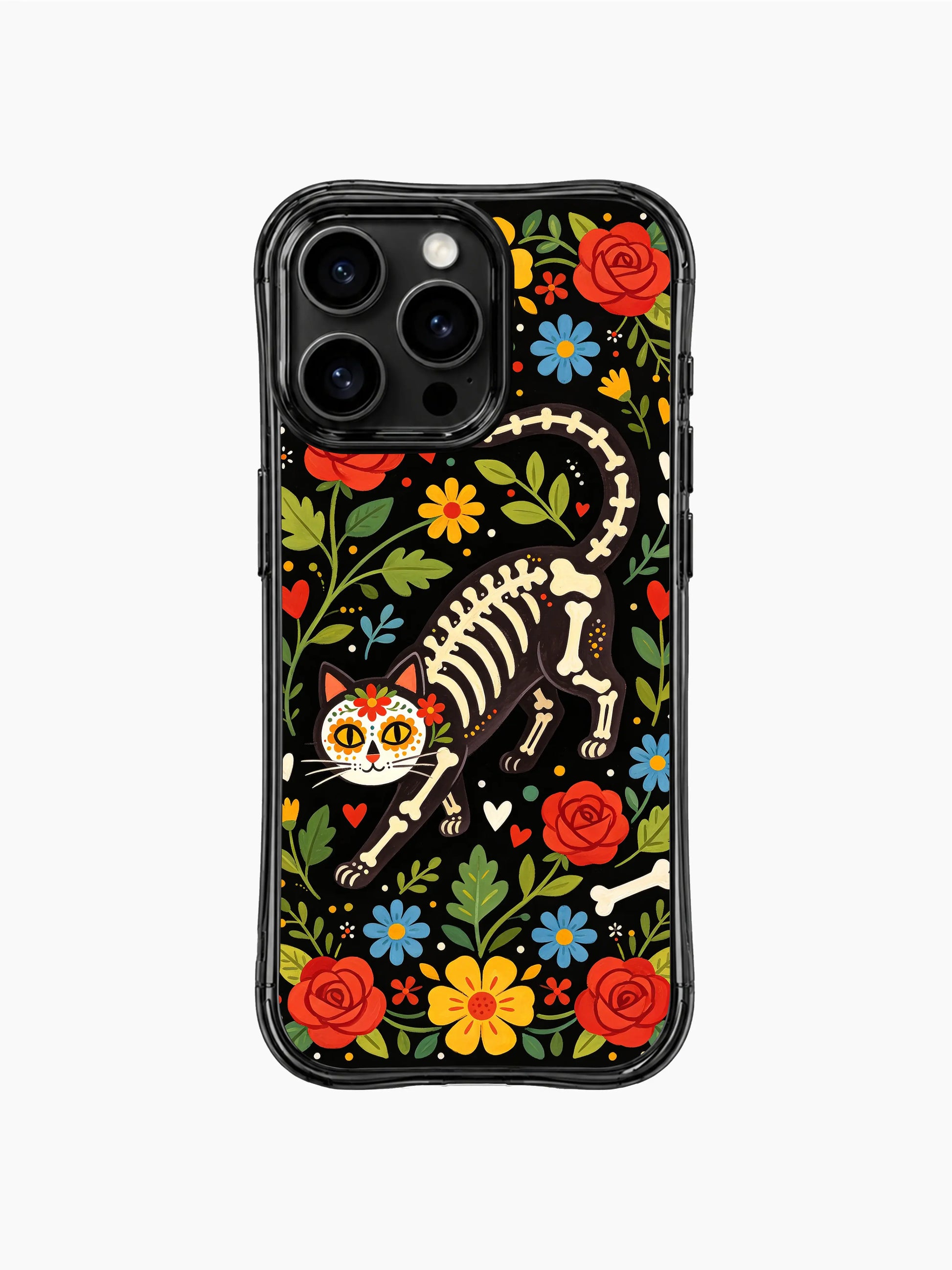 PhoneCasing iPhone 16 pro max Case with a floral skeleton cat walking through a garden of yellow daisies and green leaves, hand-drawn folk art with sugar skull details, vivid print on black iPhone 16 pro max casing.