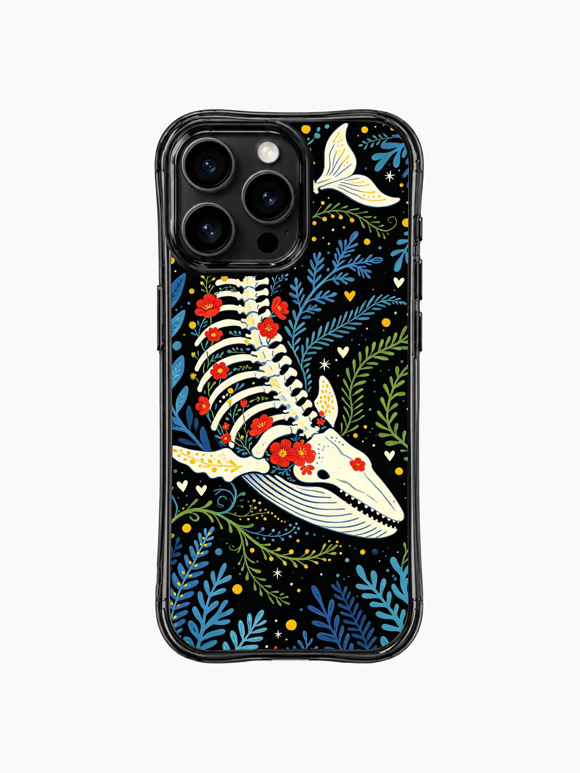 PhoneCasing iPhone 16 pro max shockproof case with a floral skull whale pattern. Whimsical underwater design with Day of the Dead elements.
