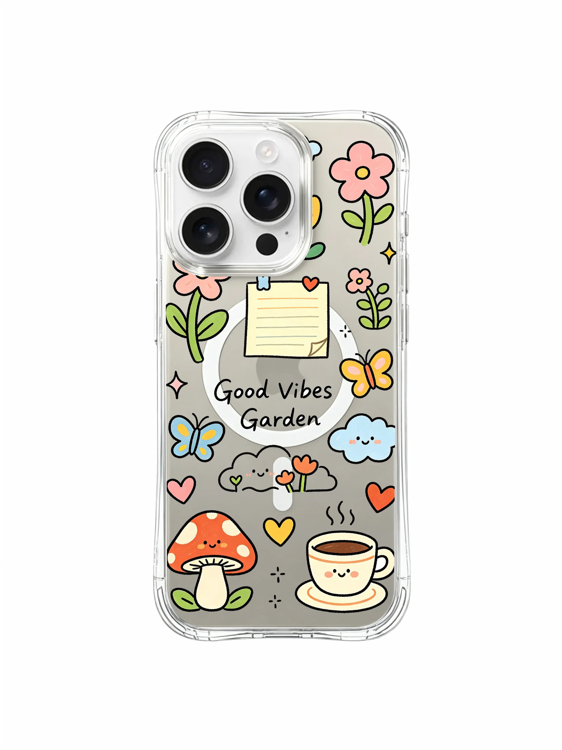 PhoneCasing iPhone 16 pro max anti-yellowing case featuring cute flowers, mushrooms and coffee doodles for cozy charm.
