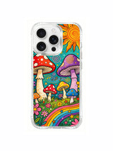 Flowers, mushrooms and note waves under cyan sky artwork on an iPhone 16 Pro Max case
