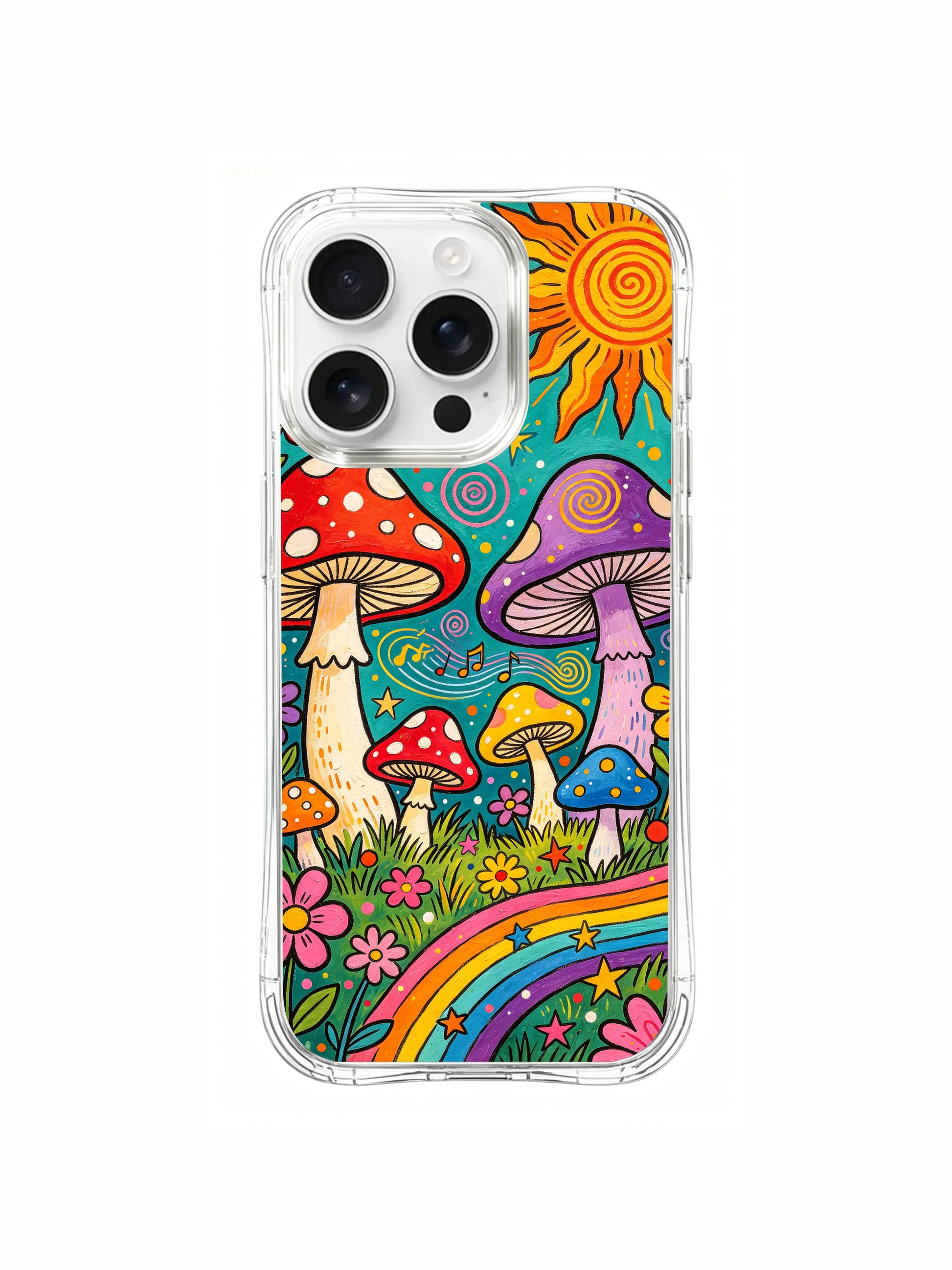PhoneCasing iPhone 16 pro max Case, dreamy hippie folk casing with fluffy flower clusters tucked under mushroom caps, star-flecked cyan sky filled with flowing note waves, scratch-proof limited collab iPhone 16 pro max casing.