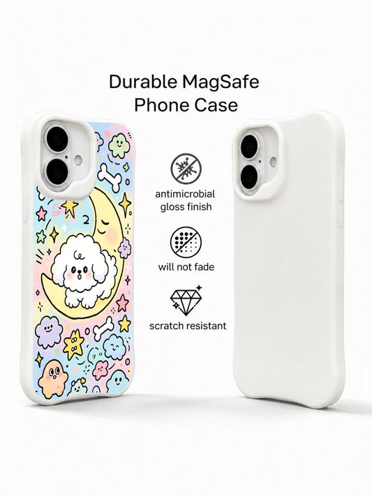 PhoneCasing fluffy cloud dog iPhone 16 Plus Case, dreamy illustration from Milo Yun’s Dreamland Map collection, made in California.