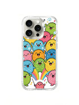 Fluffy Monster Choir character-circle artwork on an iPhone 16 Pro case