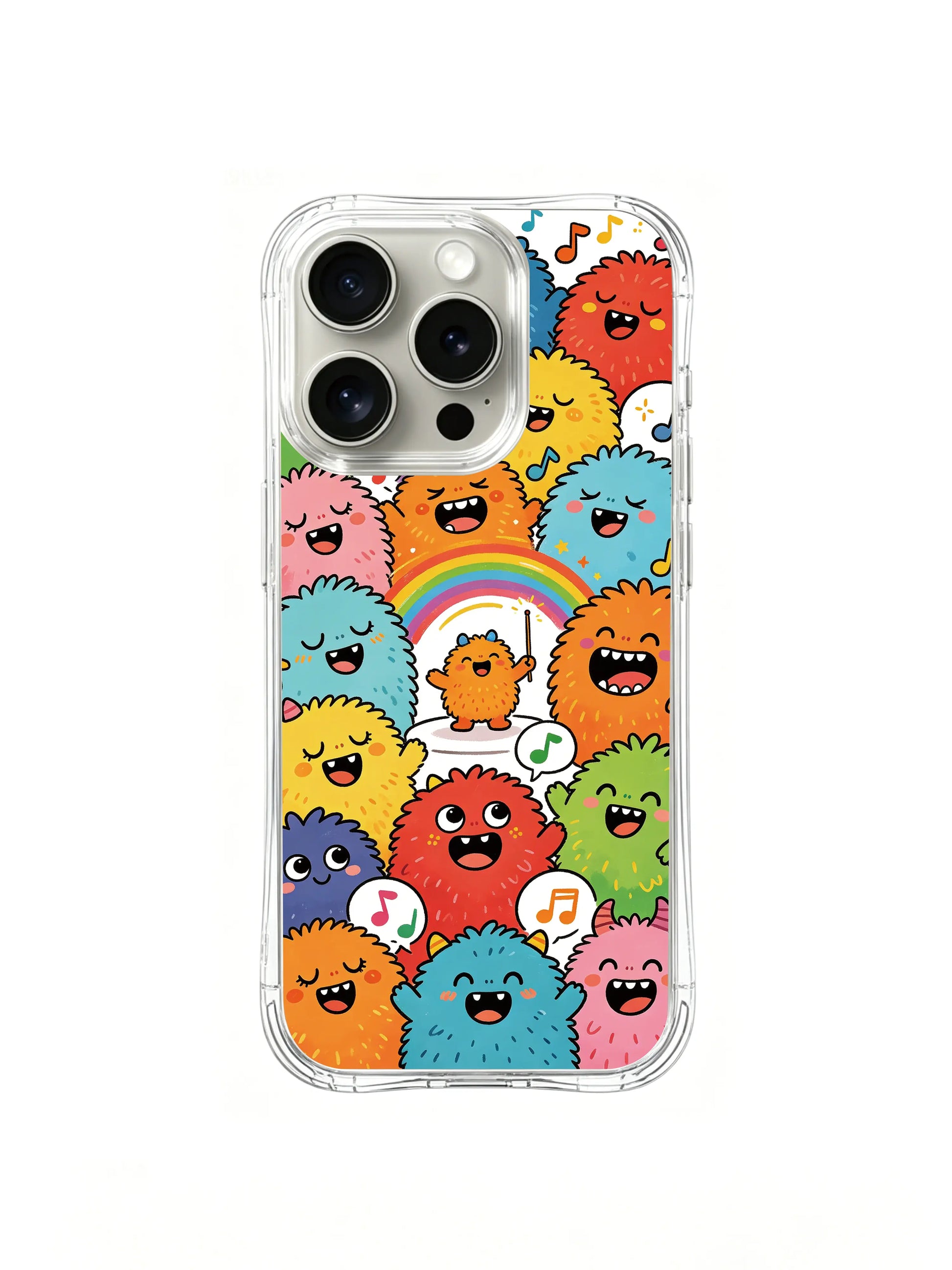 PhoneCasing iPhone 16 Pro Case with antimicrobial gloss finish, featuring Milo Yun’s Fluffy Monster Choir art, scratch-resistant premium casing.