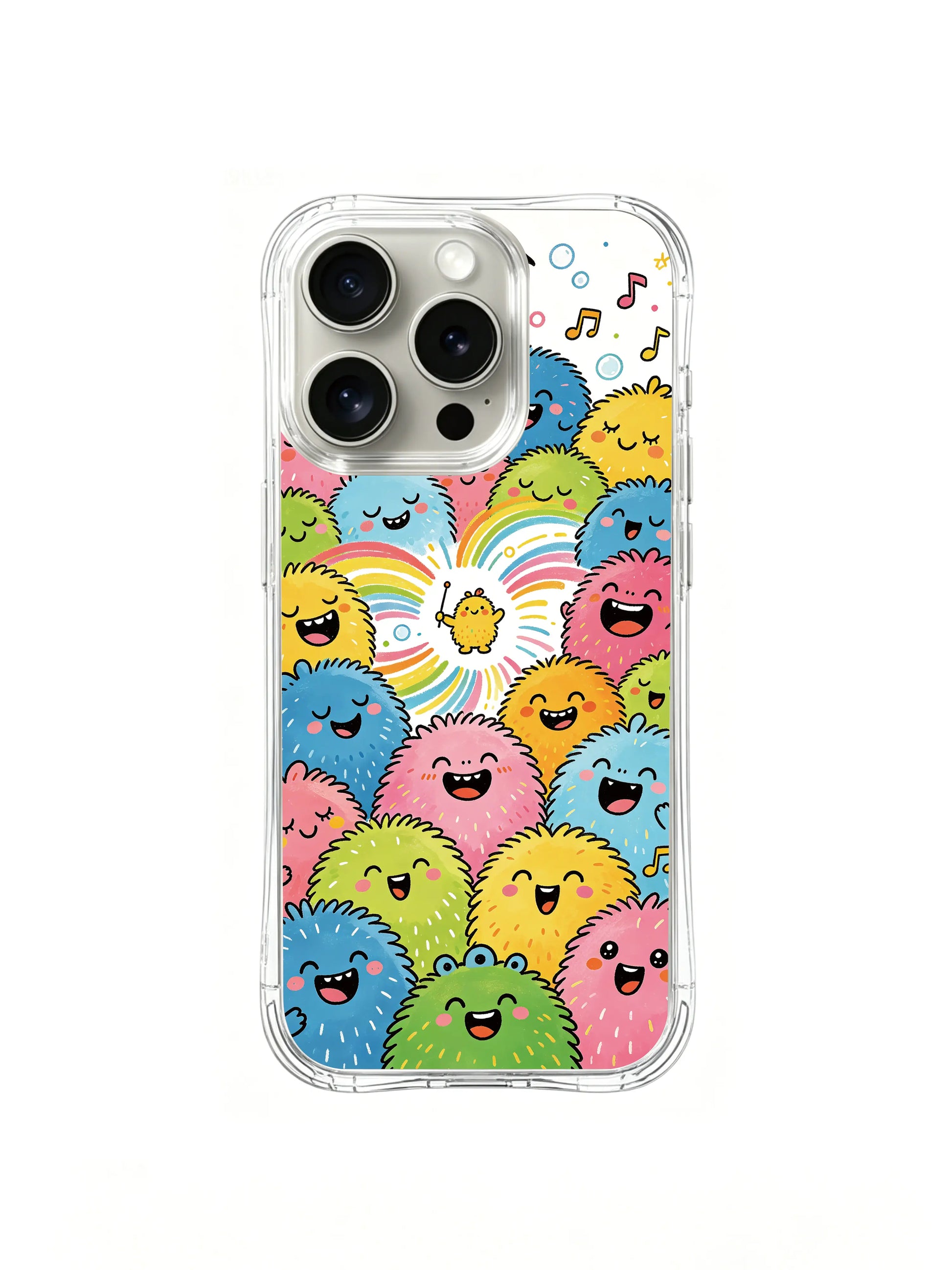 PhoneCasing iPhone 16 Pro Case with fluffy monster choir music note illustration, artist-collaborated premium case for women.