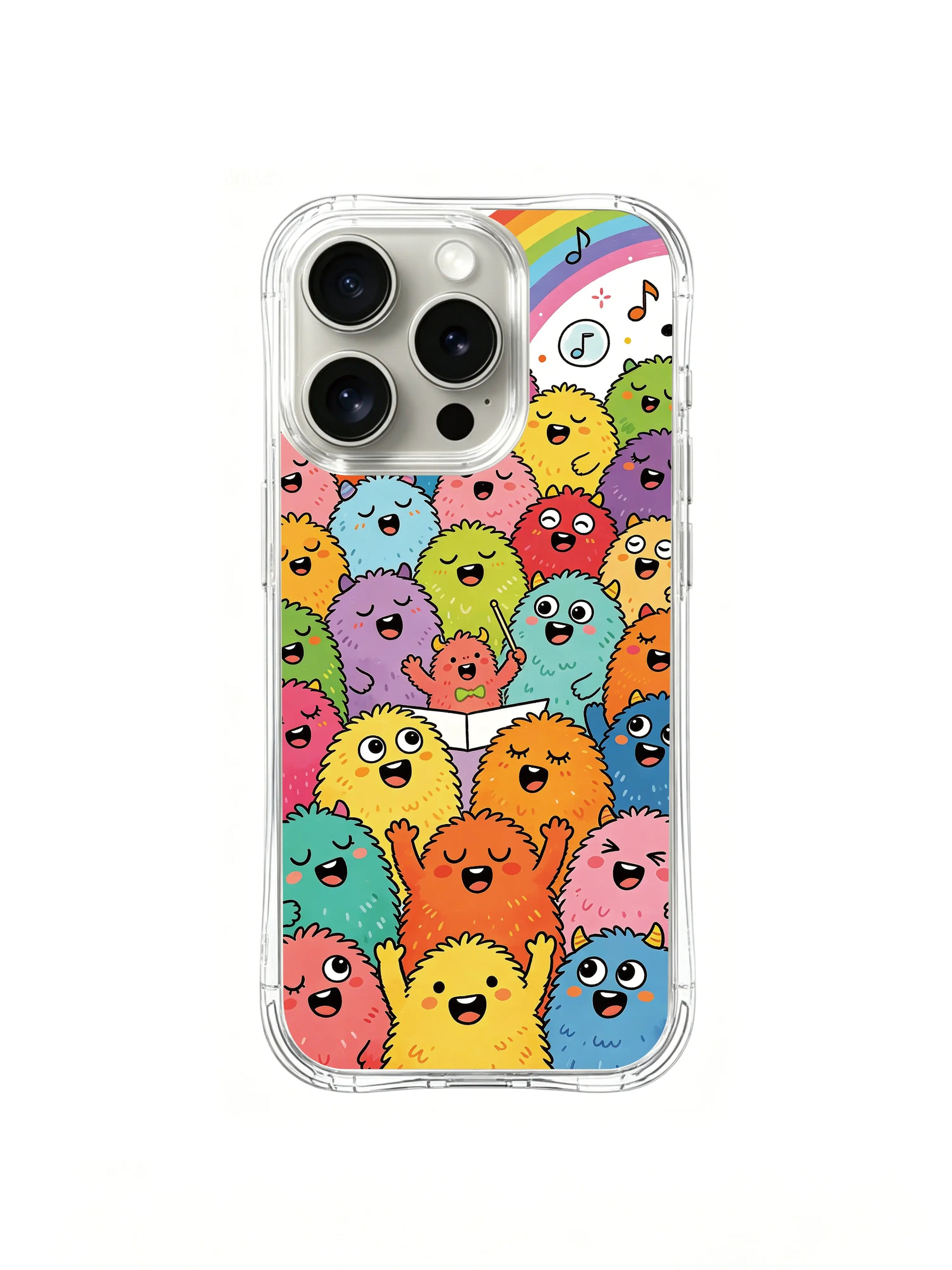 PhoneCasing iPhone 16 Pro Case with fluffy monster choir rainbow scene, exclusive Milo Yun design, high-quality printed art casing.
