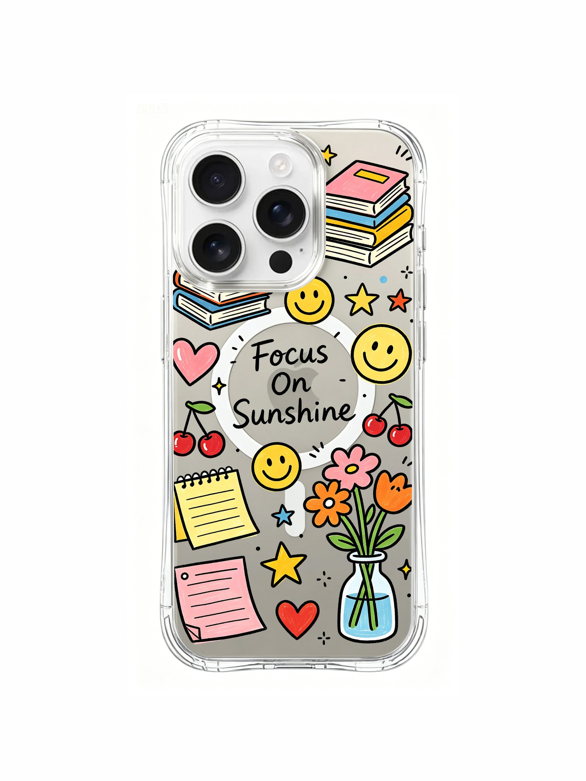PhoneCasing iPhone 16 pro max MagSafe case with cheerful Focus On Sunshine doodles, stacked books, smiley faces and colorful flower vase sticker art.