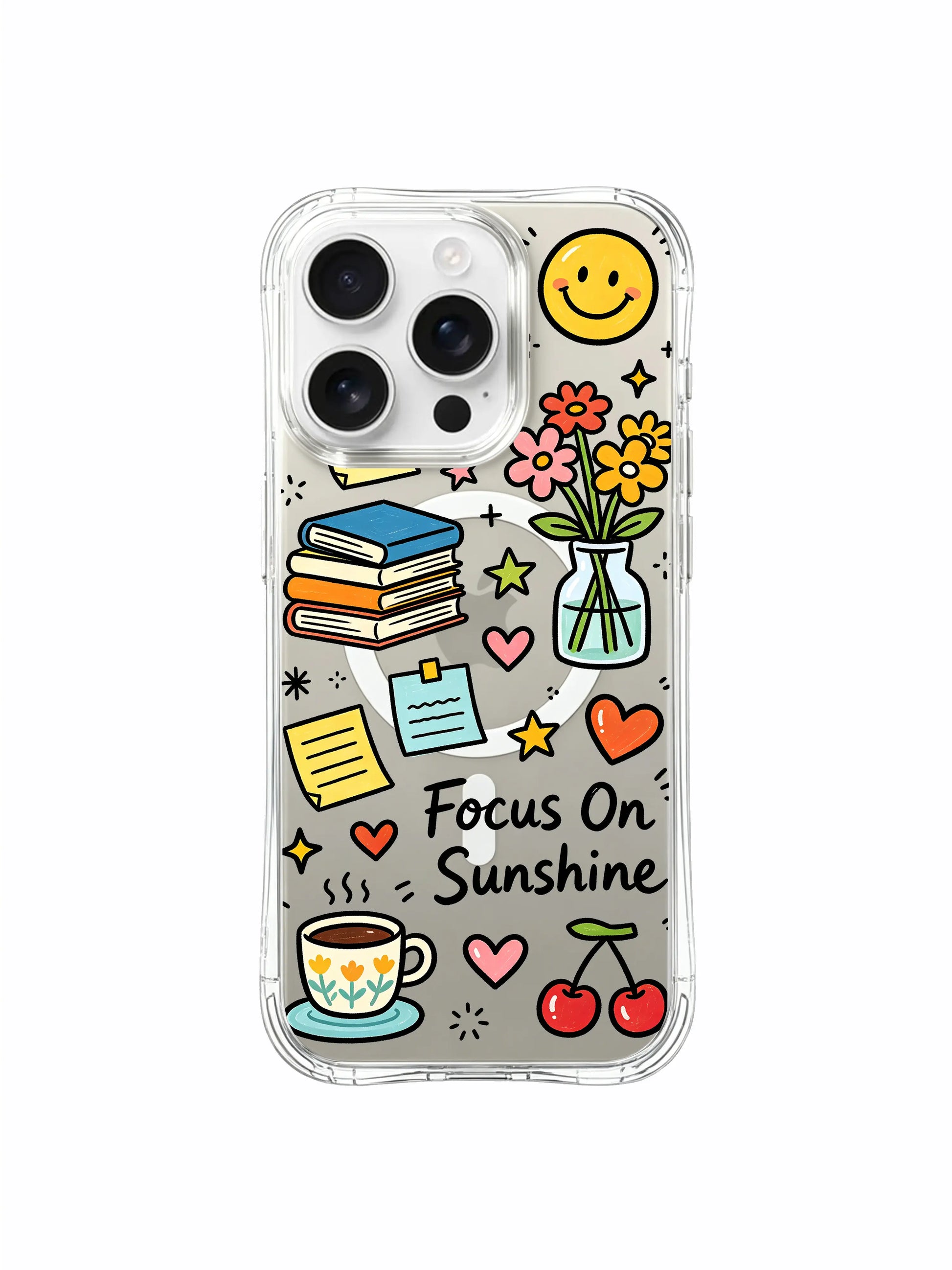 PhoneCasing iPhone 16 pro max clear MagSafe case with iconic Focus On Sunshine lettering, book stacks and cheerful smiley face collage.