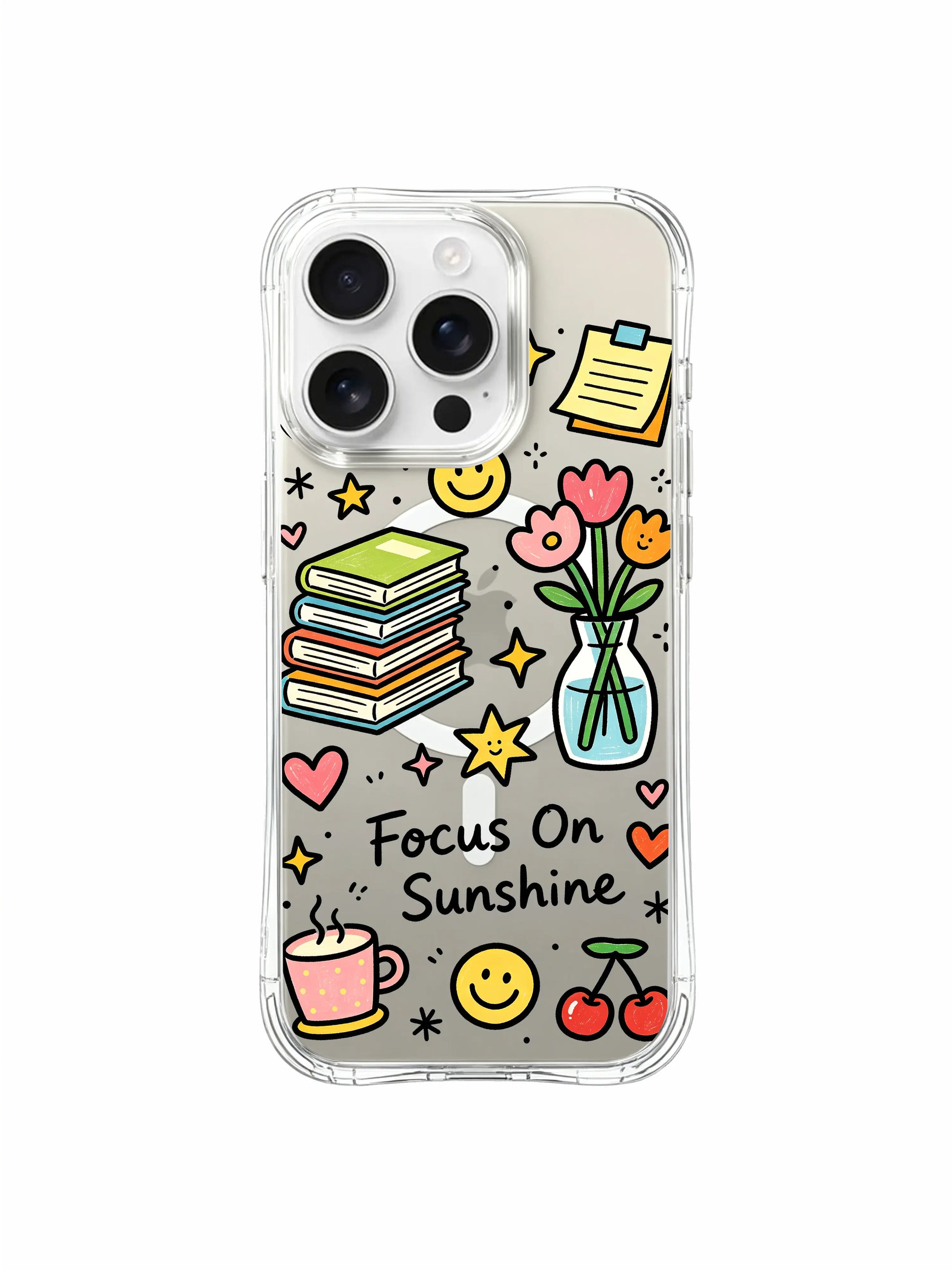 PhoneCasing iPhone 16 pro max all-around protective case with full positive vibe collage of books, flowers, notes, cherries and smiley icons.