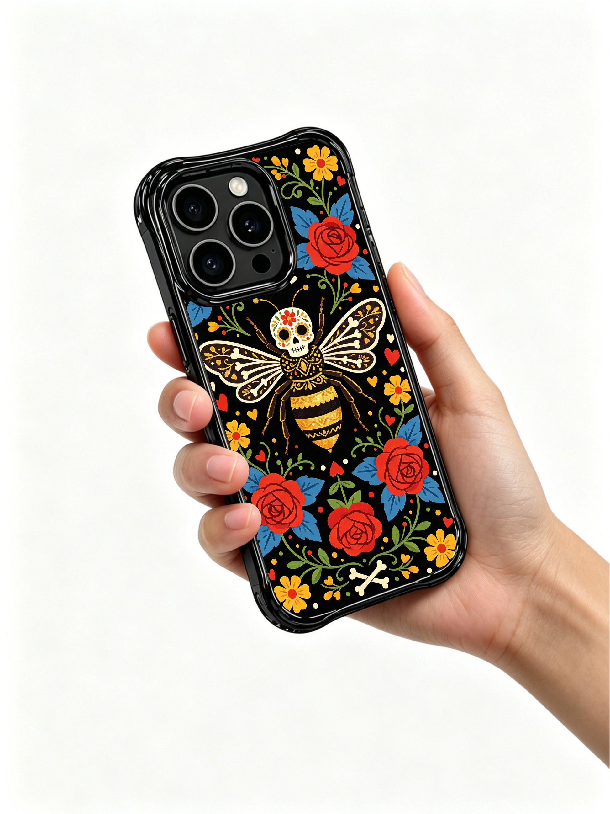 PhoneCasing iPhone 16 pro max anti-drop case with a folk art bee queen motif. Whimsical garden design with roses and skeleton wings.