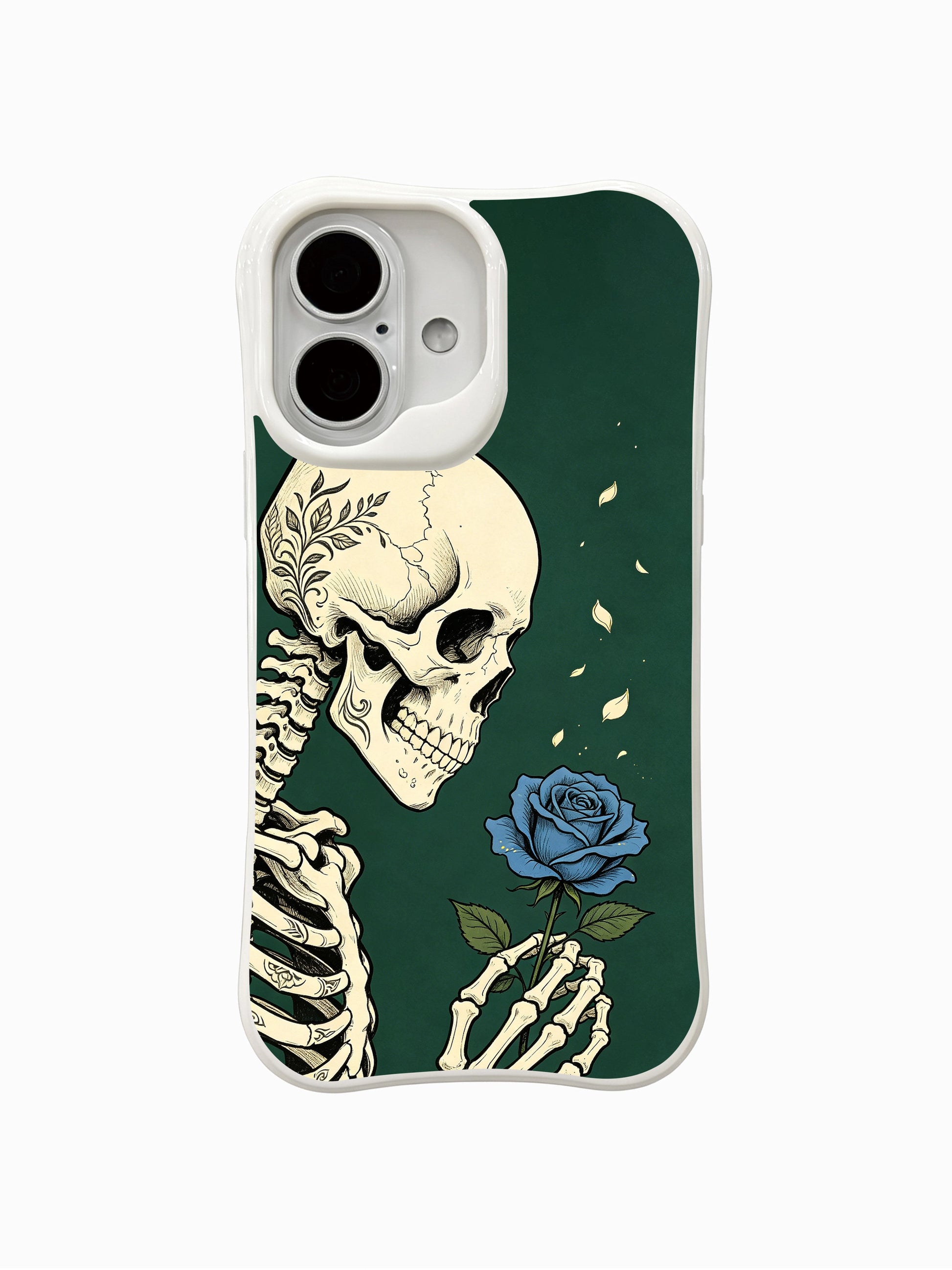PhoneCasing Forest Blue Rose fine art iPhone 16 Case, original Morrigan Vale old-school goth tattoo design featuring skeletal hand gently holding rare sky-blue rose against vintage deep forest green textured backdrop, scratch resistant glossy iPhone 16 casing manufactured in California