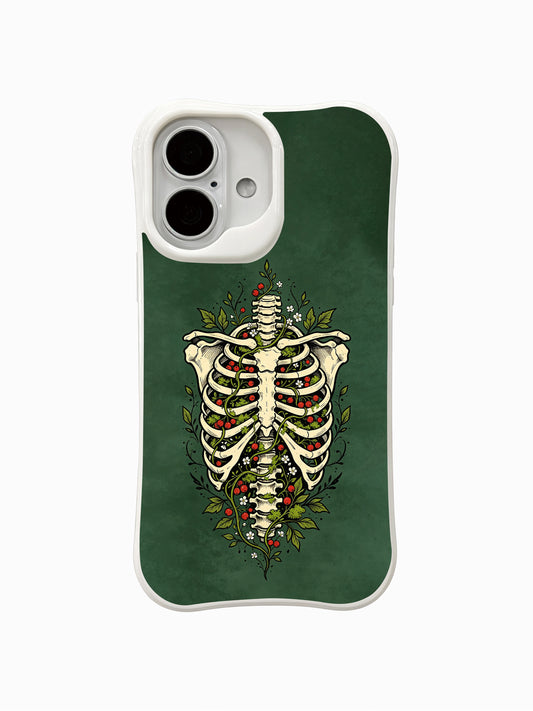 PhoneCasing Forest Chest fine art iPhone 16 Case, original Morrigan Vale old-school goth tattoo design featuring ribcage skeleton wrapped with wild vines, tiny white blooms and red berry fruits on vintage deep forest green textured backdrop, scratch resistant glossy iPhone 16 casing manufactured in California