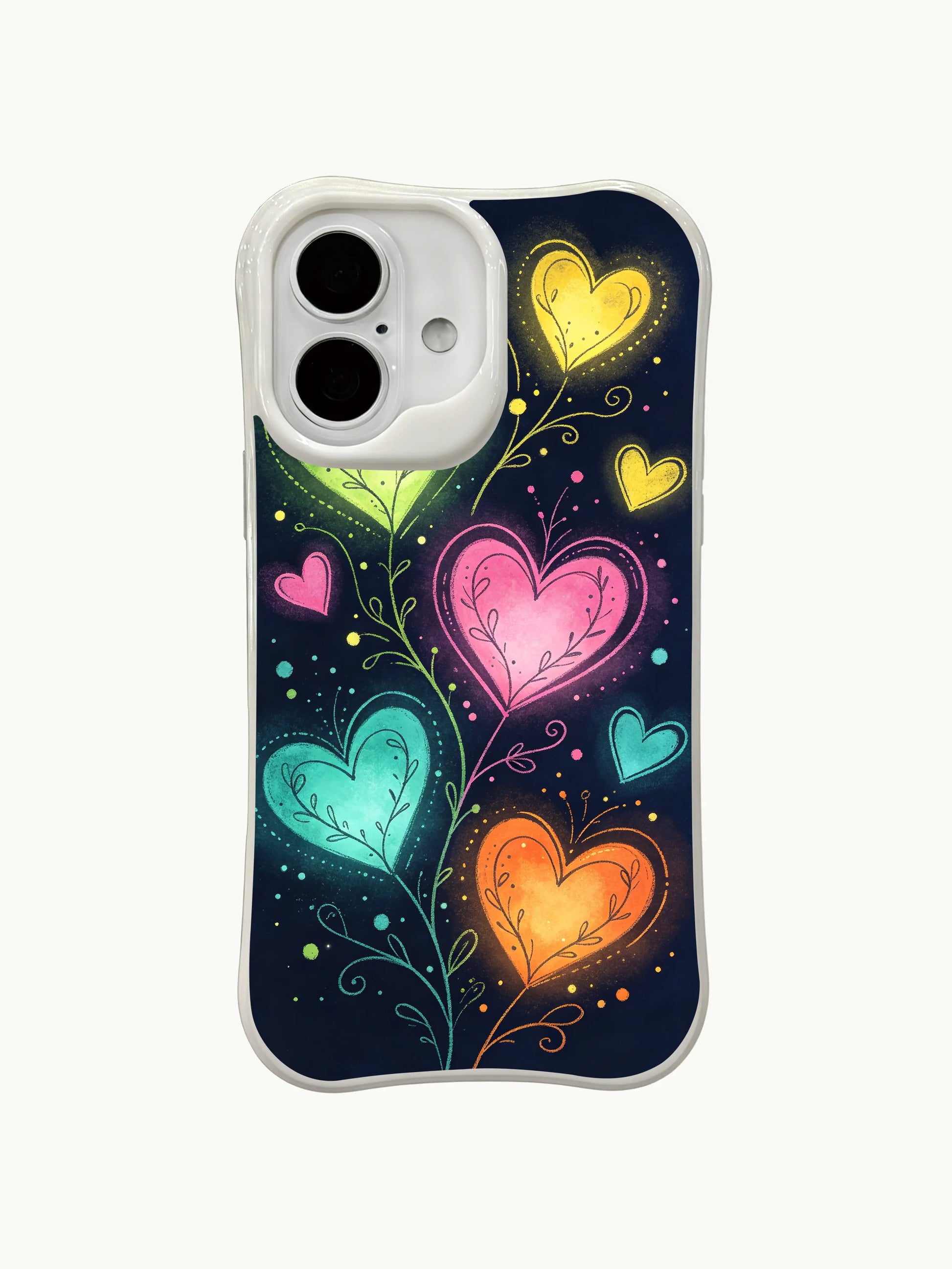  PhoneCasing Forest Glow Hearts Case for iPhone 16 Plus, a vibrant iPhone 16 plus casing with colorful hearts and star accents.
