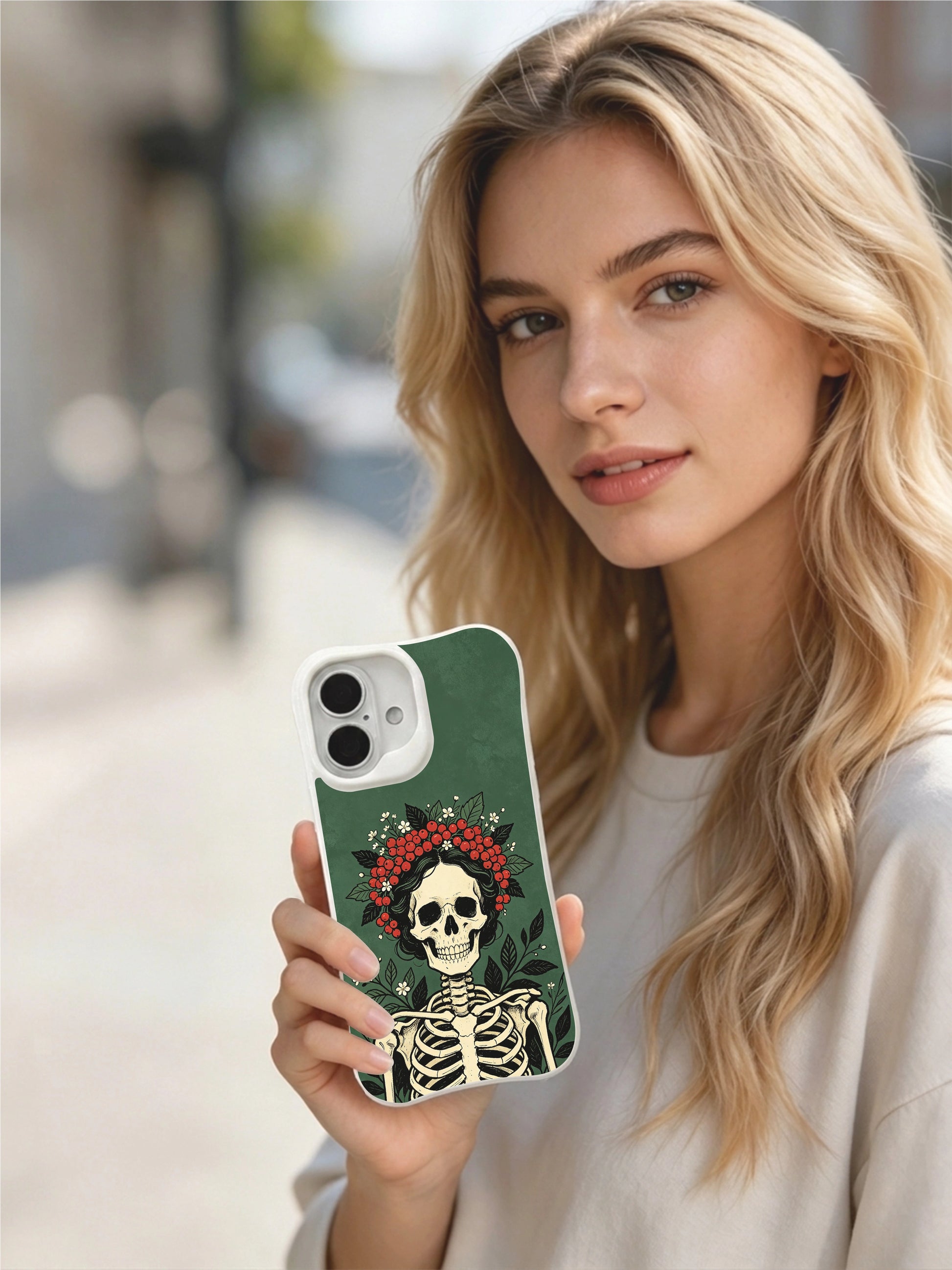 PhoneCasing Forest Green Texture Berry Skeleton iPhone 16 Case, classic American traditional tattoo print, stain resistant glossy long-lasting iPhone 16 casing